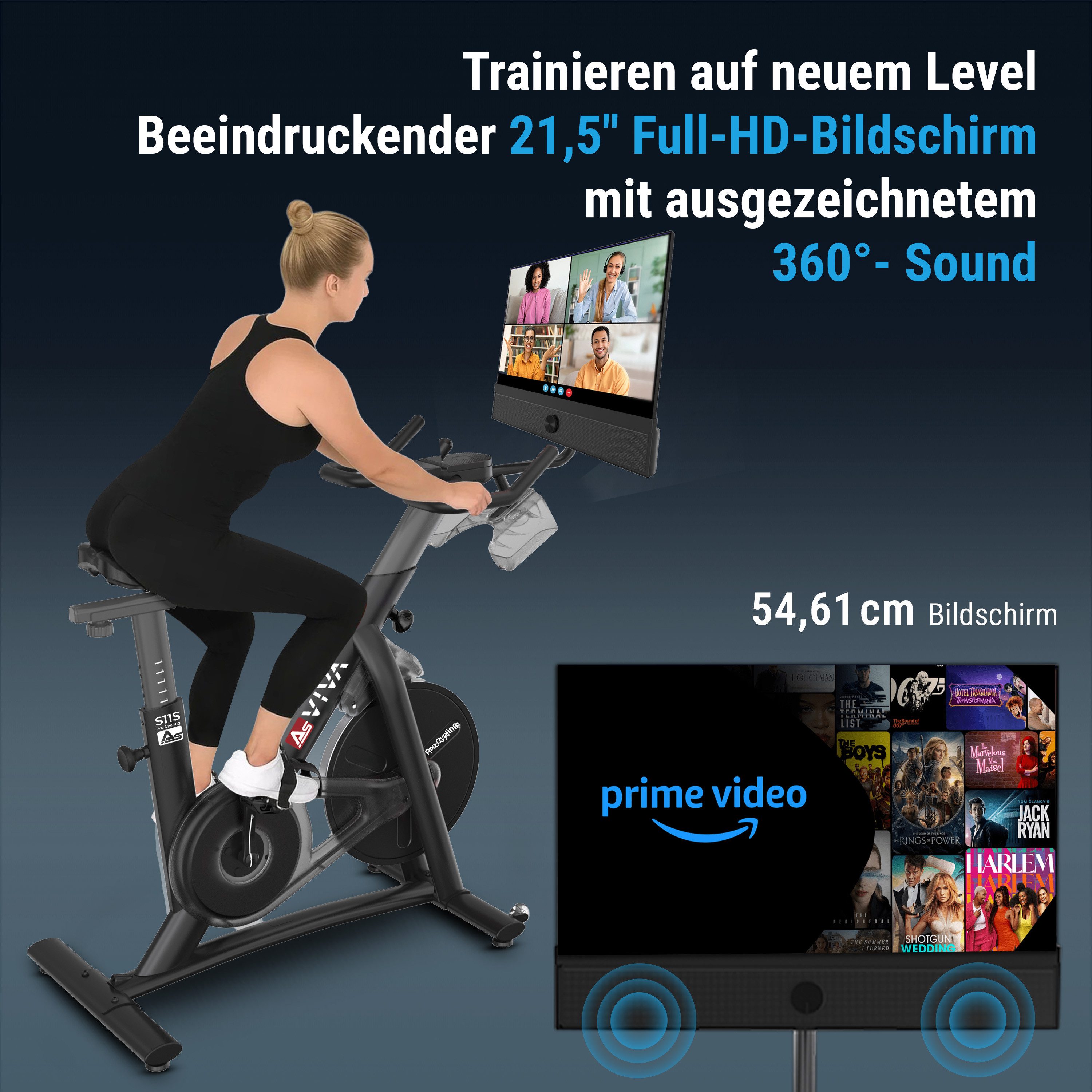 AsVIVA Speedbike S11S Smart Fitnessbike (Inkl. Hantelset), 21,5″ Full-HD Display, 100 Widerstandsstufen, Bluetooth-App