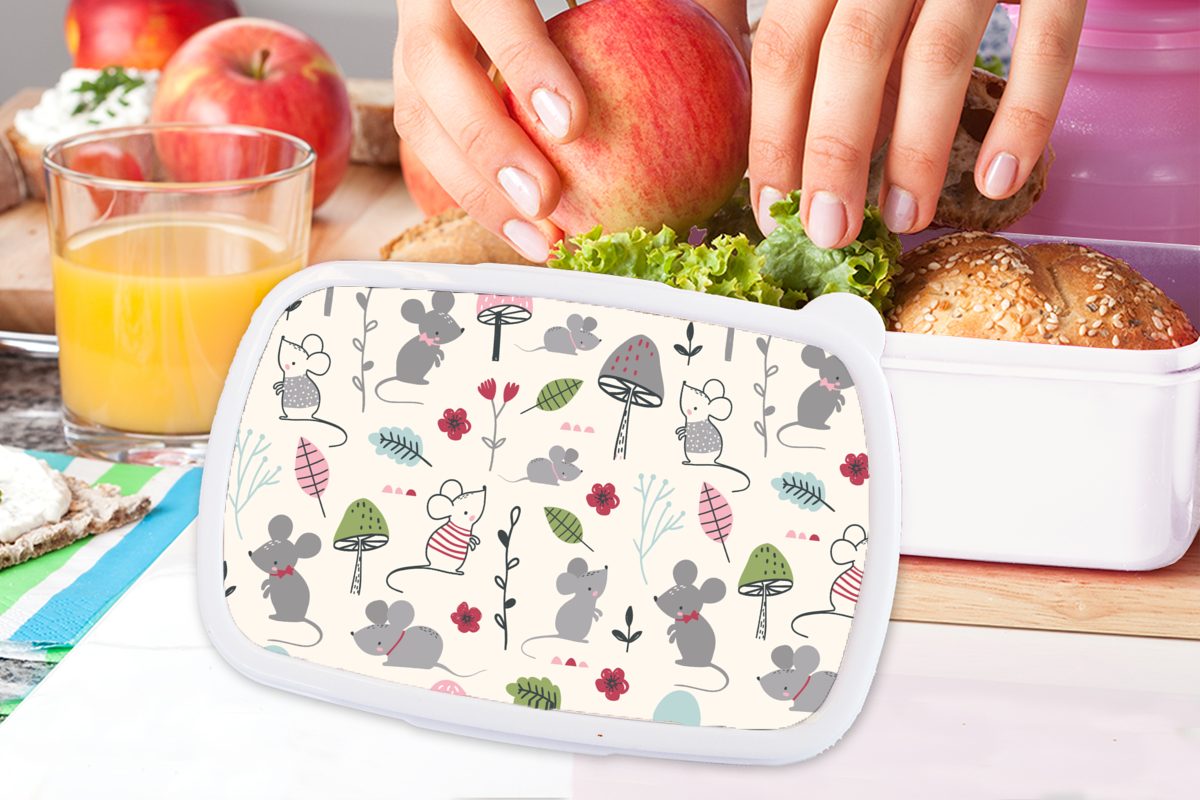Muster Brotbox Lunchbox - Brotdose, für (2-tlg), Kinder für Pilz, und Mädchen - - Erwachsene, MuchoWow weiß und Jungs Mäuse Herbst Kunststoff,