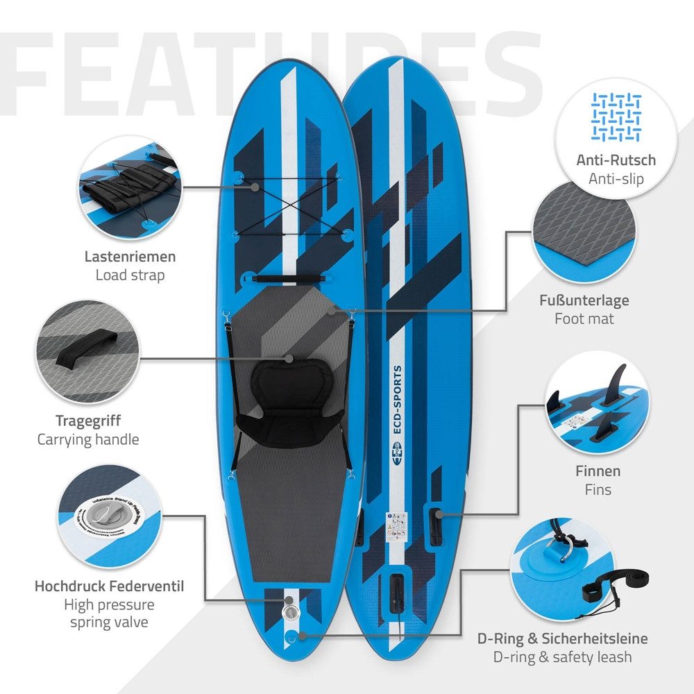 ECD Germany SUP-Board Aufblasbares SUP Board mit Kajaksitz inkl Komplett Set Paddle Board, (mit Kajaksitz), Aufblasbares Surfboard Blau mit Kajaksitz & Anti-Rutsch Belag