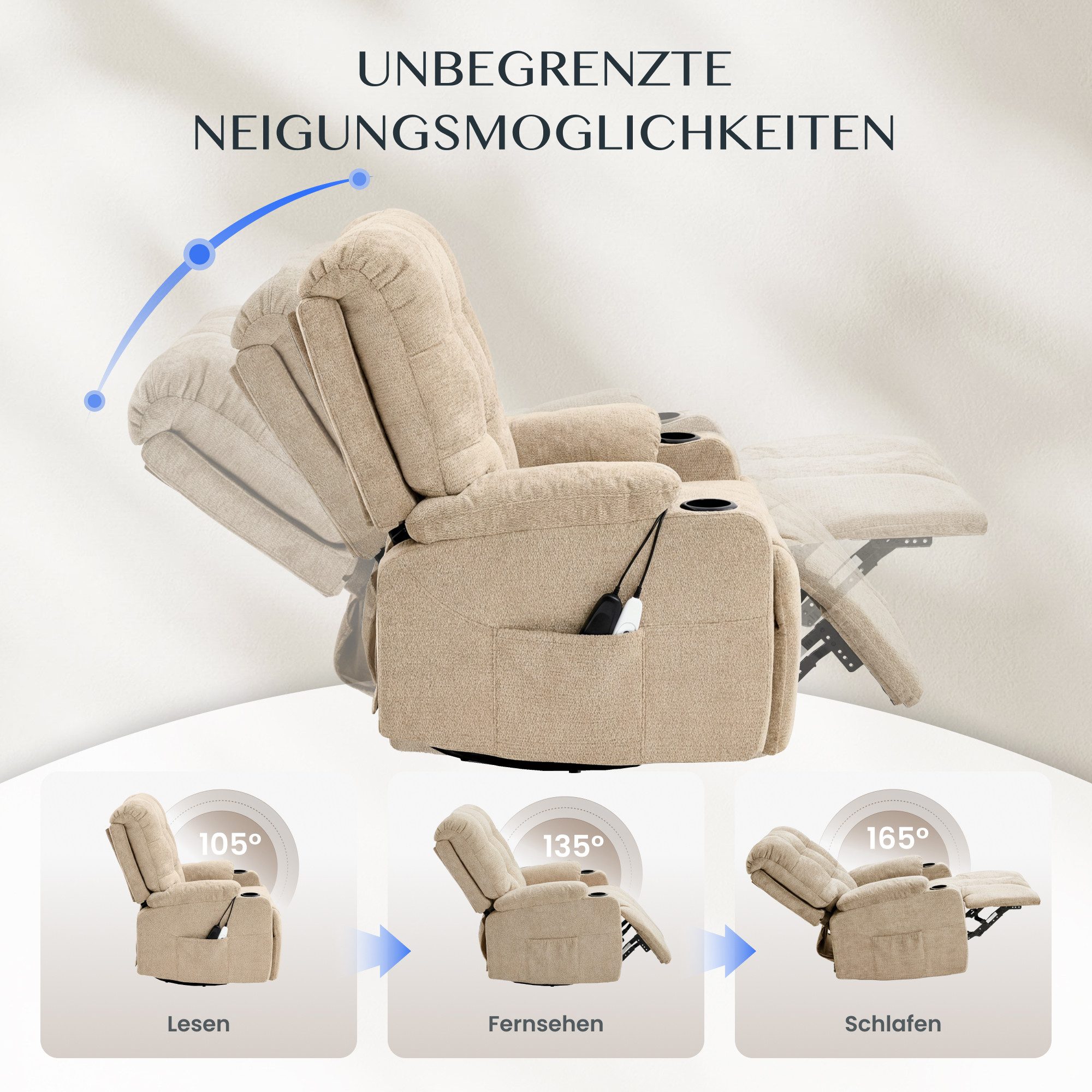 FLEXISPOT Relaxsessel Elektrischer Schaukelsessel, Massagesessel, Fernsehsessel,360°drehbar (mit Heiz- und Liegefunktion, 8-Punkt-Massage, USB-/Type-C-Ansclhluss, 2 Seitentaschen, 2 integrierte Getränkehalter, 105°-165° verstellbar), belastbar bis 200 kg, XR7