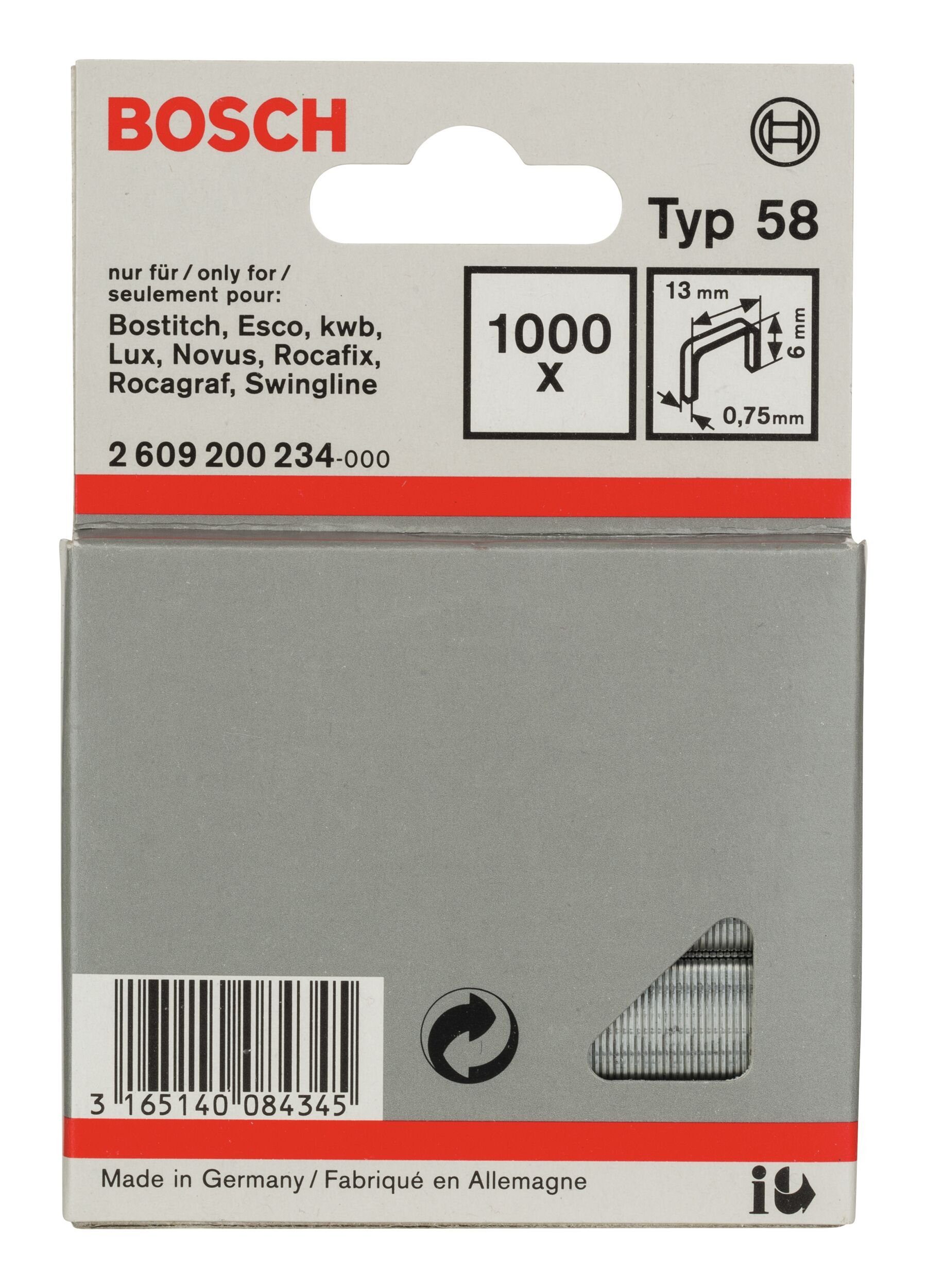 BOSCH Tackerklammer, Line Typ 58 Feindrahtklammer - 0,75 x 6 x 13 mm - 1000er-Pack
