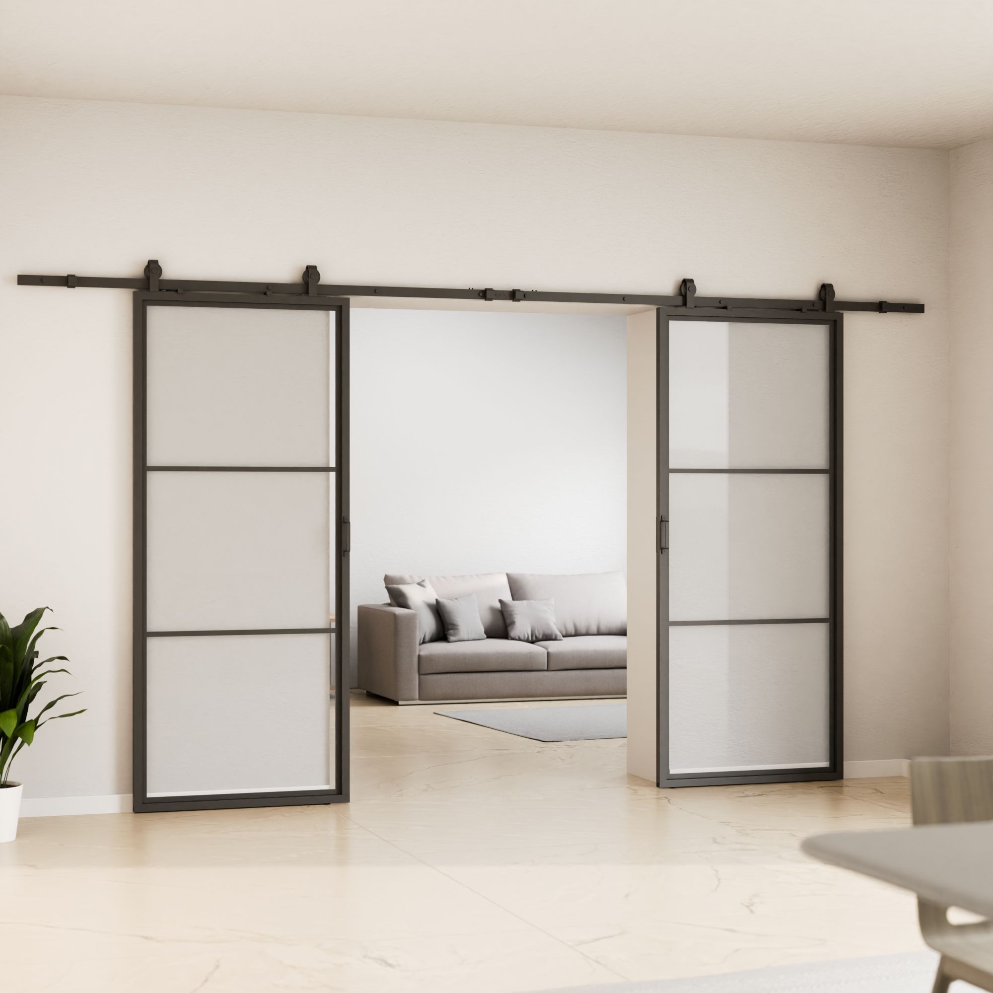 inova wohnen Doppelschiebetür Klarglas mit schwarzem Rahmen, Größenauswahl (Komplett Set, inkl. offener Laufschiene und Bügelgriff), beidseitiger Softclose, Loftstyle