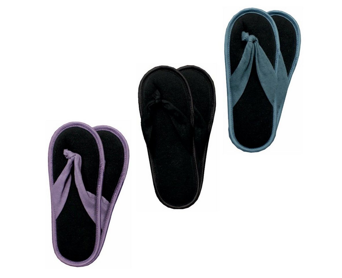 GAWILO Sommer Schlappen für Damen & Herren in grün, flieder & schwarz - Zehentrenner (3 Paar) Ideal auch für Gäste als Hausschuhe, Pantoffeln oder Badelatschen