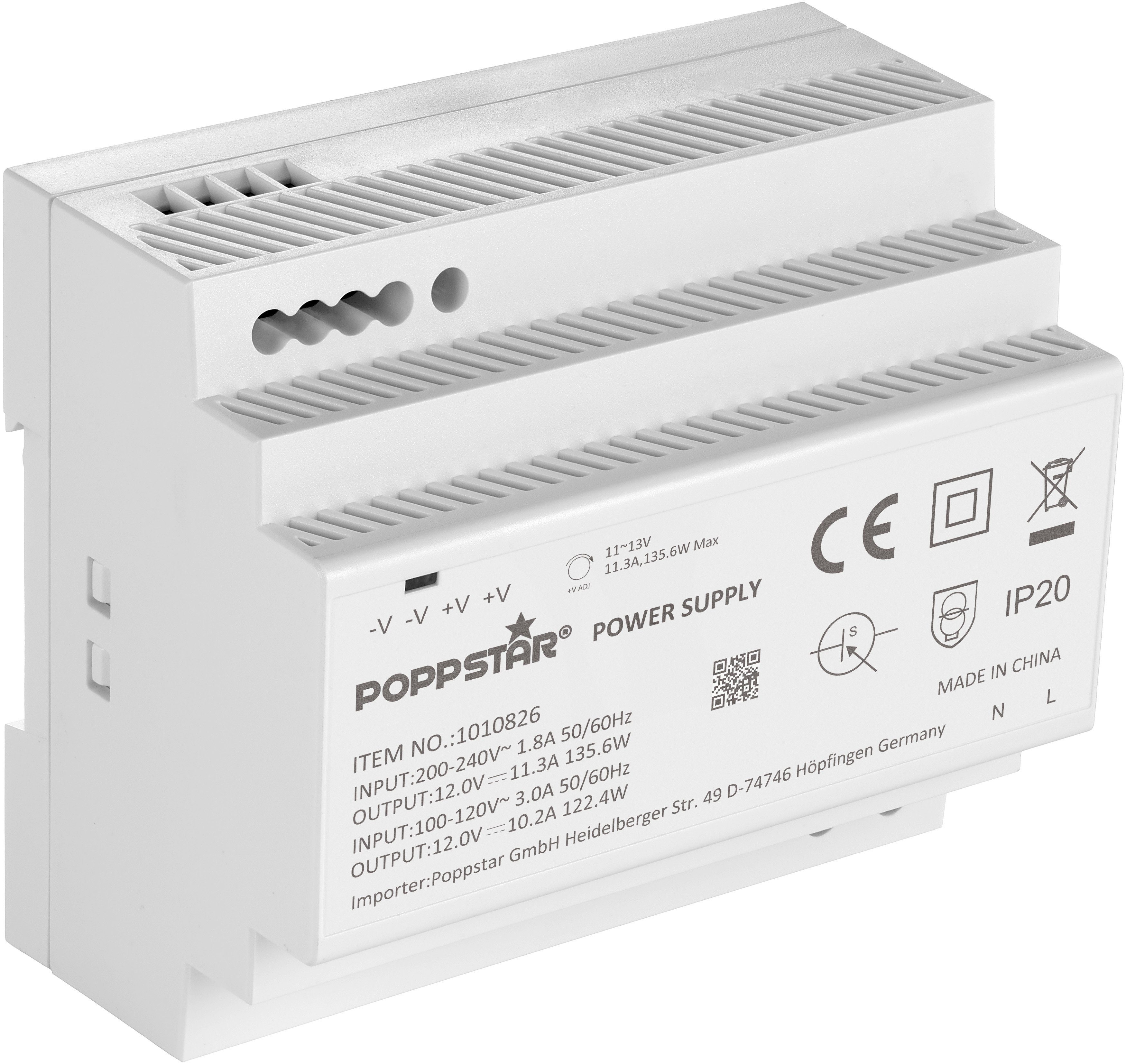 Poppstar DIN Rail Netzteil 12V DC 11,3A 135W Hutschienen-Netzteil (12 V Klingelstrafo IP 20 mit Überlast-Schutz)