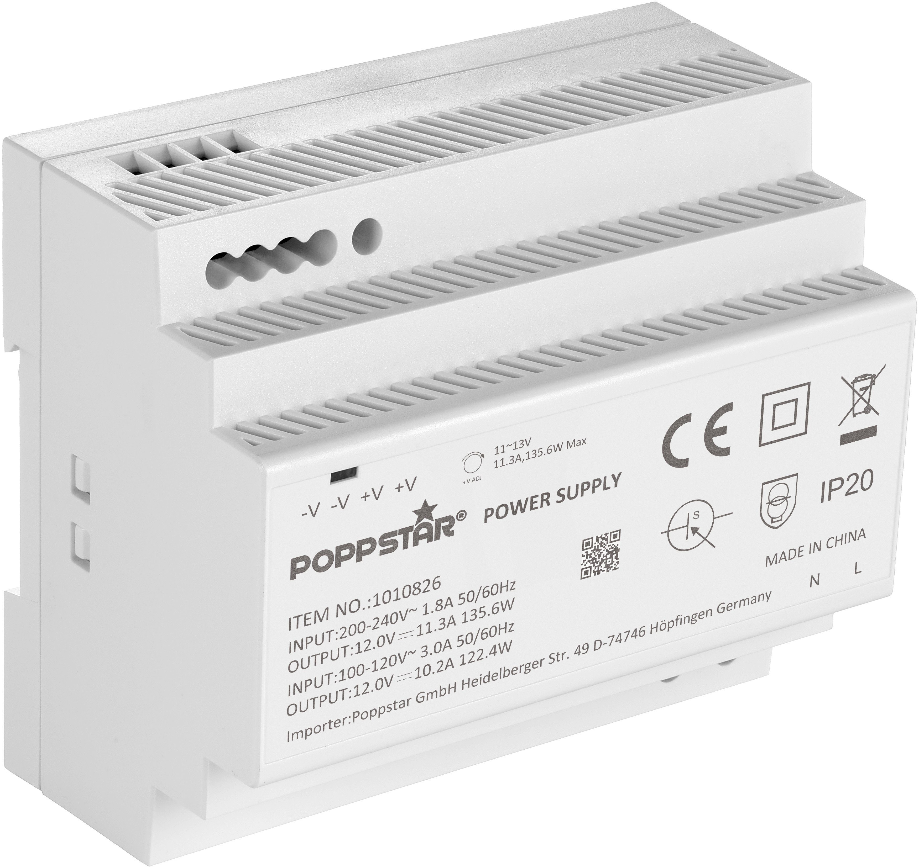 Poppstar DIN Rail Netzteil 12V DC 11,3A 136W Hutschienen-Netzteil (12 V  Klingelstrafo IP 20 mit Überlast-Schutz)