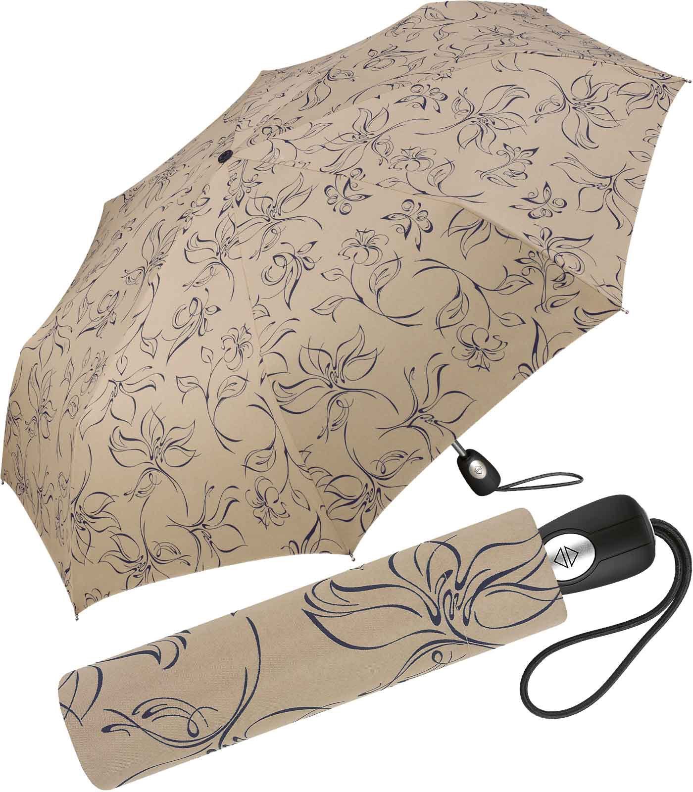 Pierre Cardin Taschenregenschirm schöner Damen-Regenschirm mit Auf-Zu-Automatik, mit wunderschönen Blumenskizzen schwarz-beige