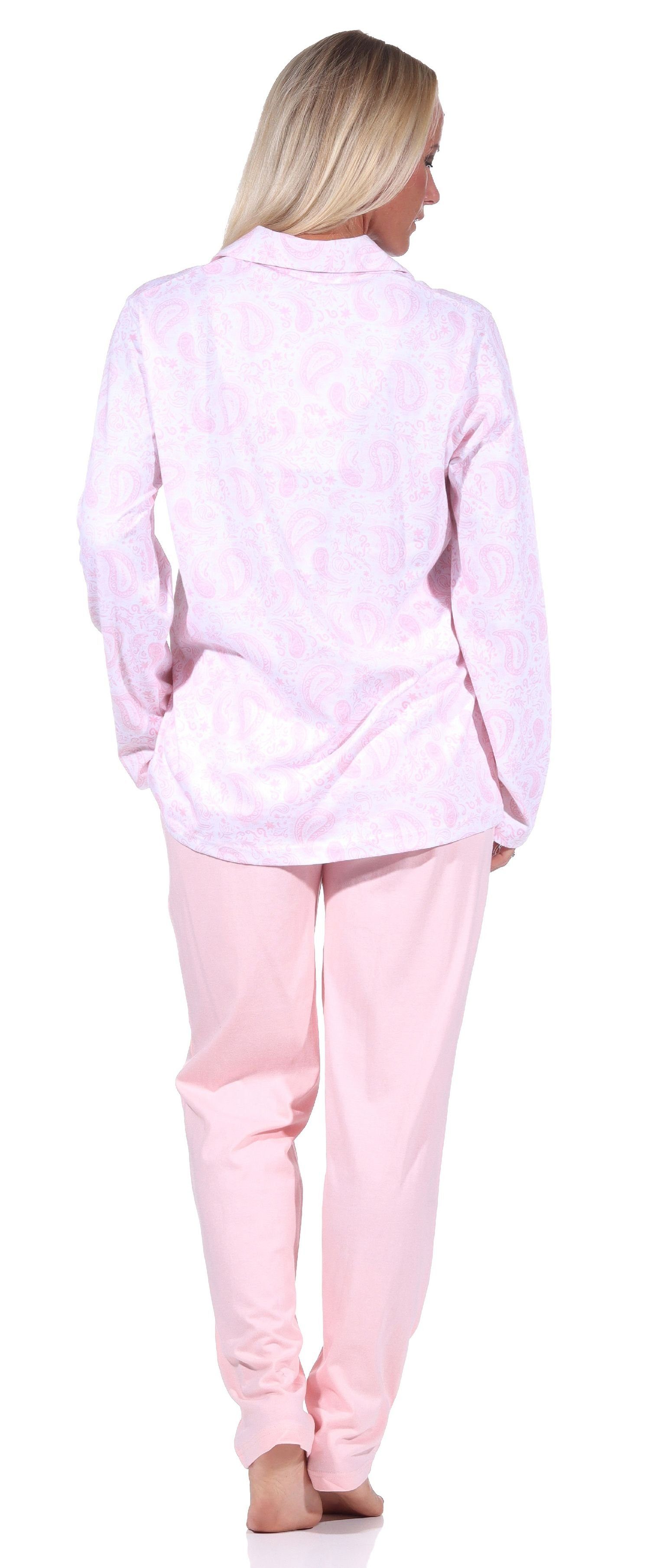 Damen Pyjama durchknöpfen Qualität Pyjama in zum rosa Jersey Normann Single langarm