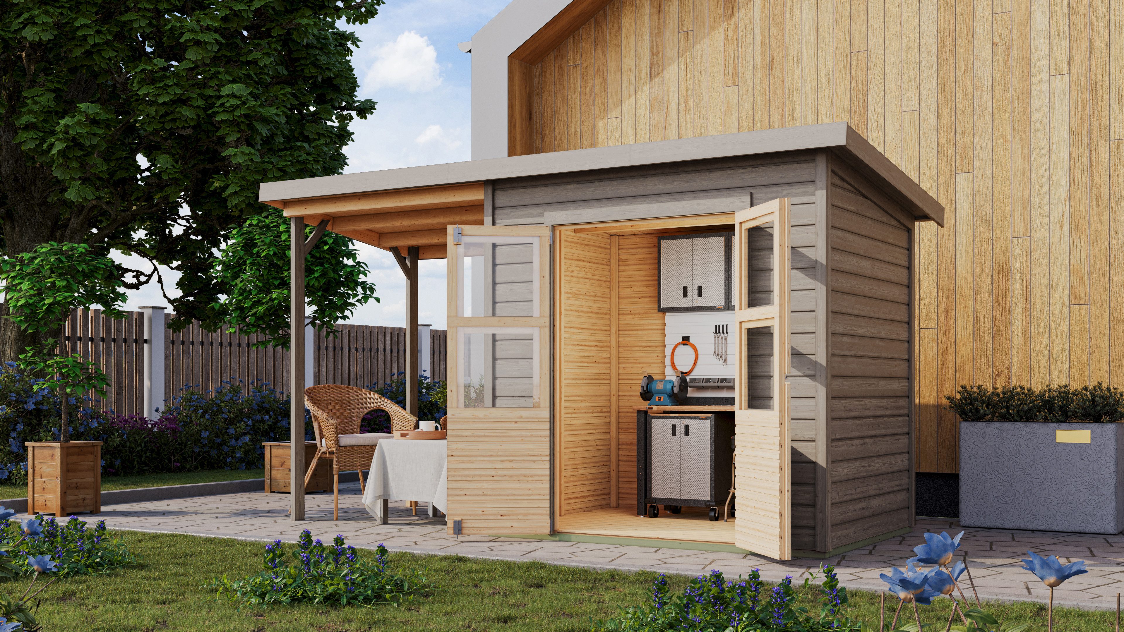 Gartenhaus »Merseburg 3« vorvergraut mit Anbaudach