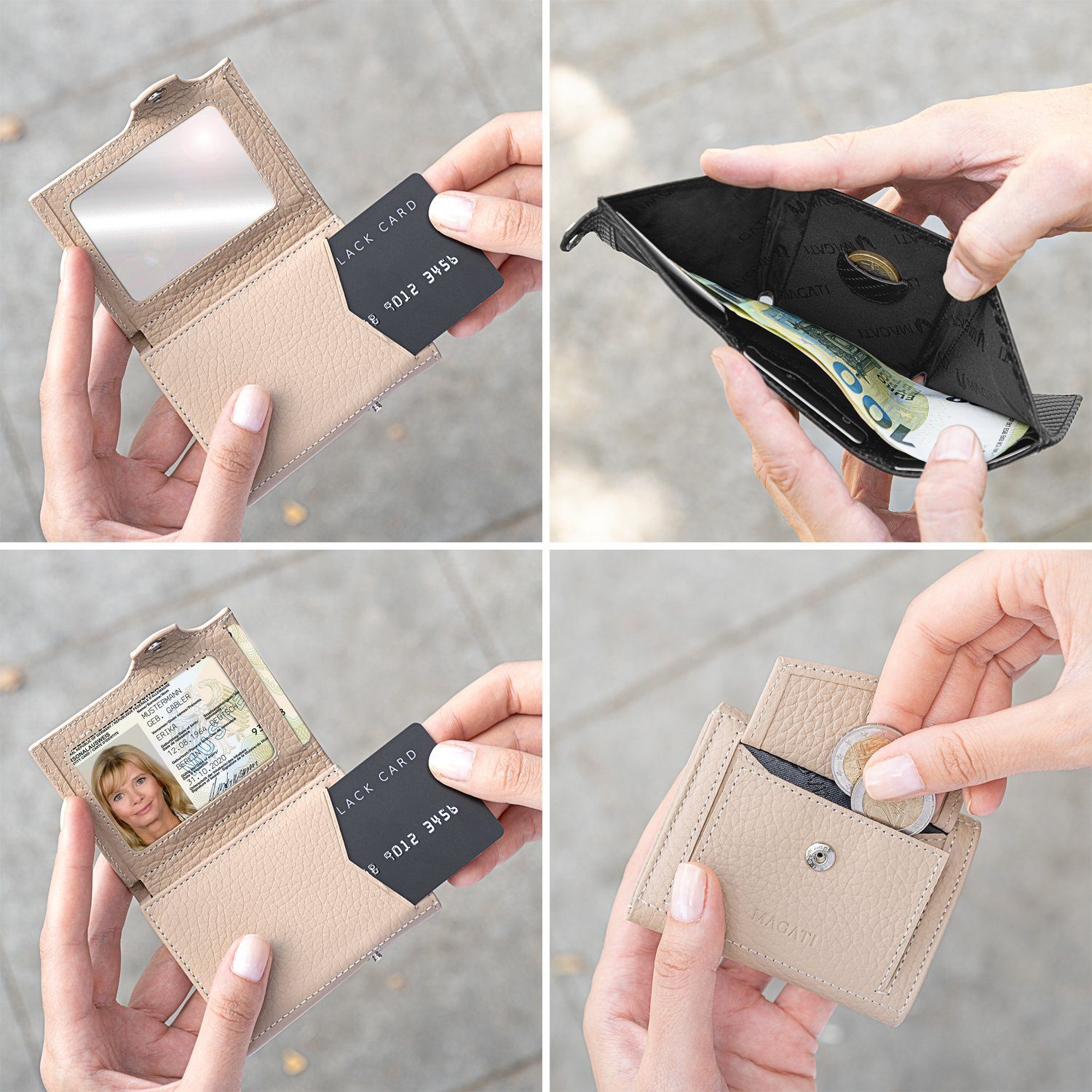 MAGATI Geldbörse aus Echtleder mit (mit 10 Beige Karten, für Münzfach, Damen RFID-Schutz Herren klein Wallet, Einkaufswagenchip-Fach, & zu bis Geschenkverpackung), Portemonnaie