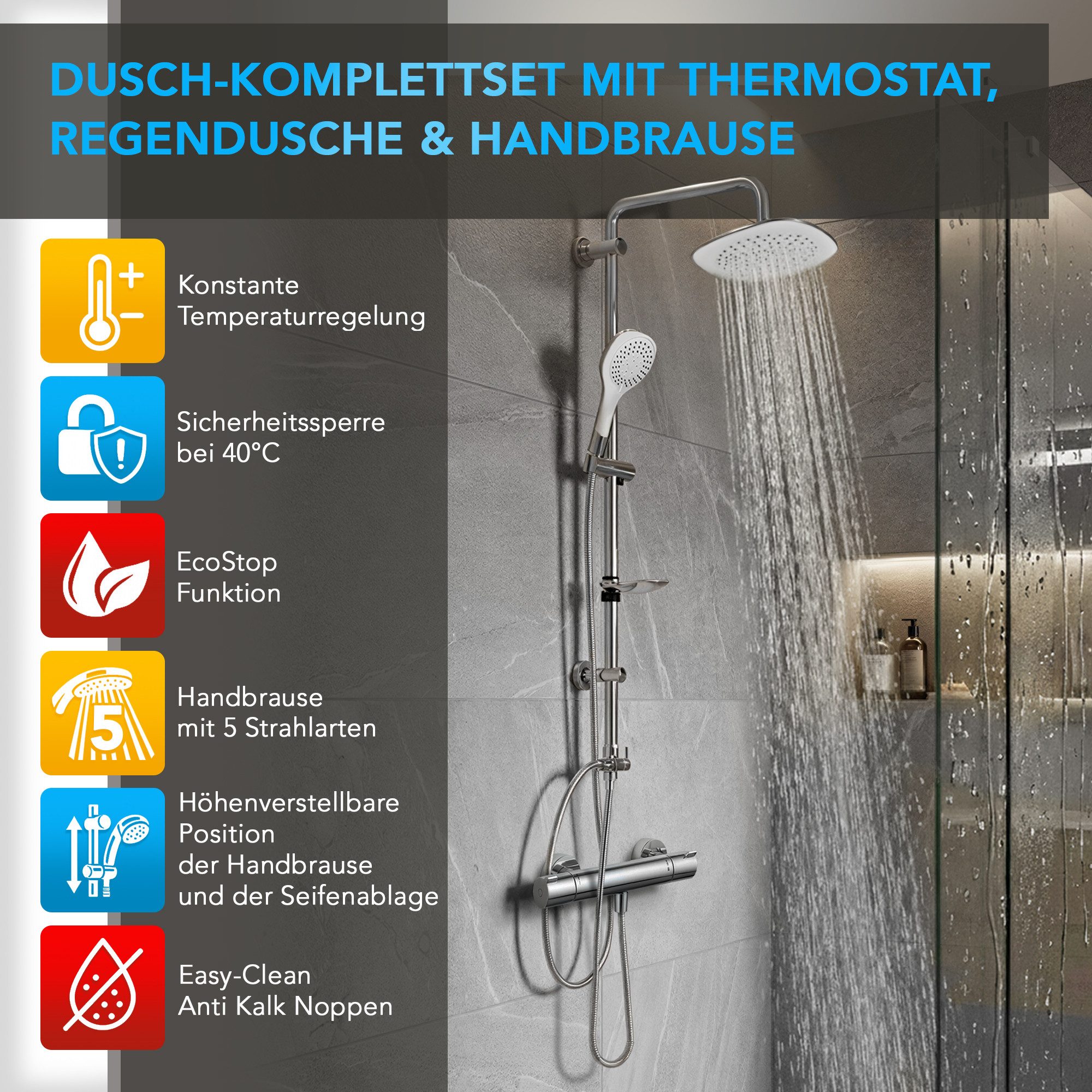 hansgrohe Duscharmatur Ecostat 1001CL Brausethermostat Set mit Aloni Handbrause & Regendusche (Spar-Set) EcoStop & 40°C Sicherheitssperre, Armatur in chrom, Wandmontage