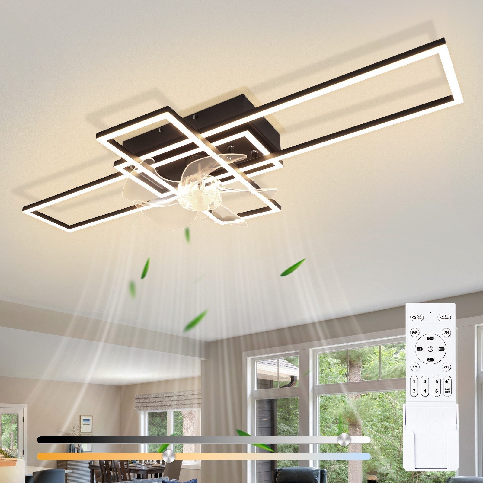 Nettlife Deckenventilator Beleuchtung dimmbar 6-Stufen Fernbedienung leiser Schwarz Modern, für Wohnzimmer Esszimmer Schlafzimmer Timer Nachtautomatik