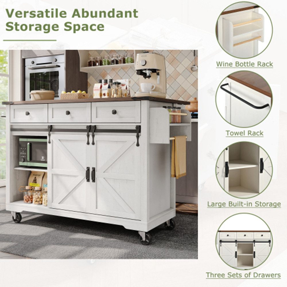 XDeer Kücheninsel Kücheninsel, Servierwagen mit ausziehbarer Arbeitsplatte, Küchenwagen auf Rollen, mit 2 Schiebetüren