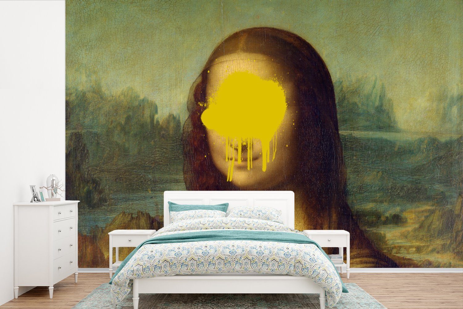MuchoWow Fototapete Mona Lisa - Leonardo da Vinci - Gelb, Matt, bedruckt, (6 St), Wallpaper für Wohnzimmer, Schlafzimmer, Kinderzimmer, Vinyl Tapete