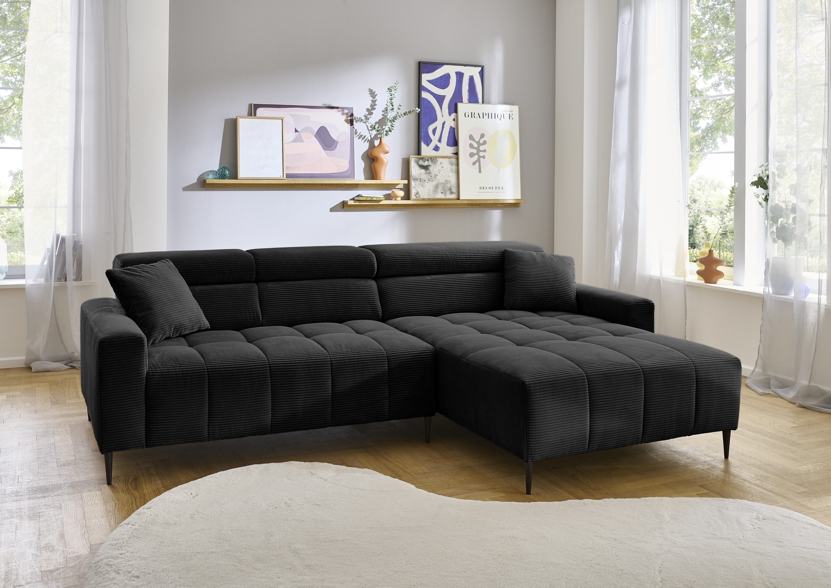 Iwaniccy Wohnlandschaft elektr. Sitztiefenverstellung, Cord schwarz - 256x100x180cm (BxHxT)