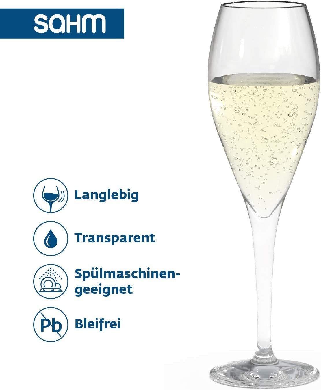 SAHM Champagnerglas Champagner Gläser 6 STK - Champagnerflöten a 220 ml, Edles Glas, 100% recycelbar