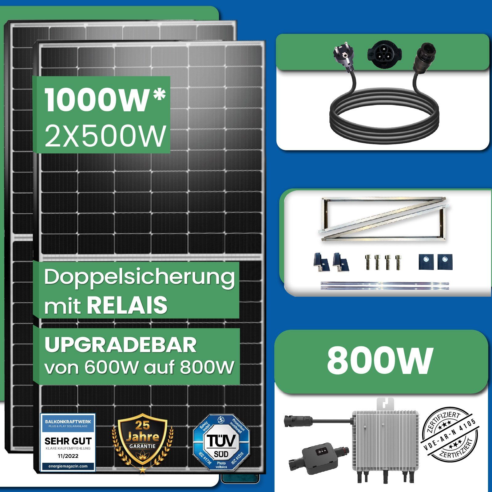 Light(Groß) Premium Solaranlage Balkonkraftwerk Neu Aufständerung Relais WIFI Wechselrichter EPP.Solar Süd mit Generation Deye 800W 1000W PV-Montage,