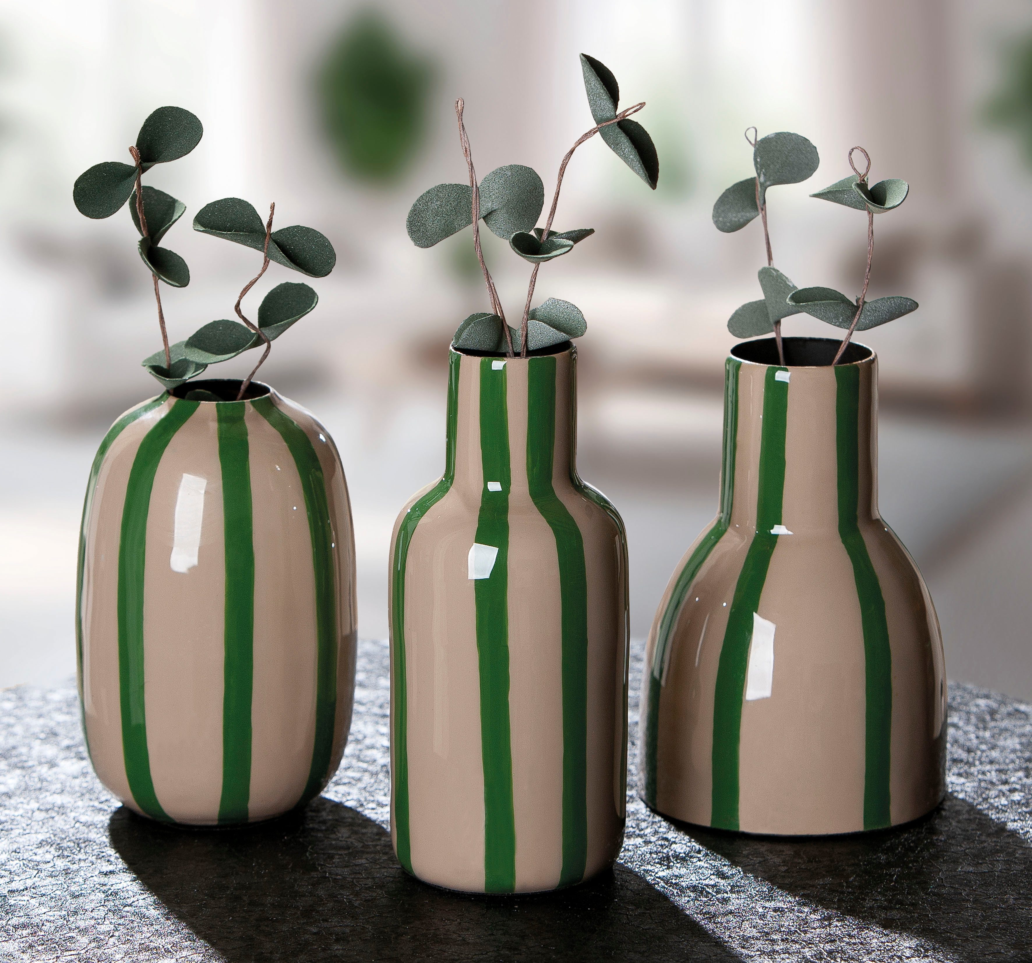 s.Oliver Tischvase Deko-Vase, "Piccolo", im 3er Set, unterschiedliche Formen, 13cm hoch (3 St), aus Metall, glänzende Oberfläche in verschiedenen Farben