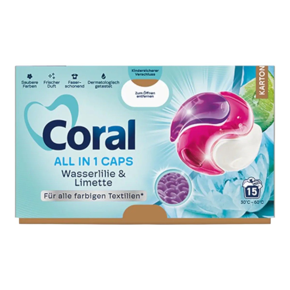 Coral CORAL Waschmittel All in1 Caps Wasserlilie & Limette 15WL Colorwaschmittel (Langanhaltende Frische auf Textilien)