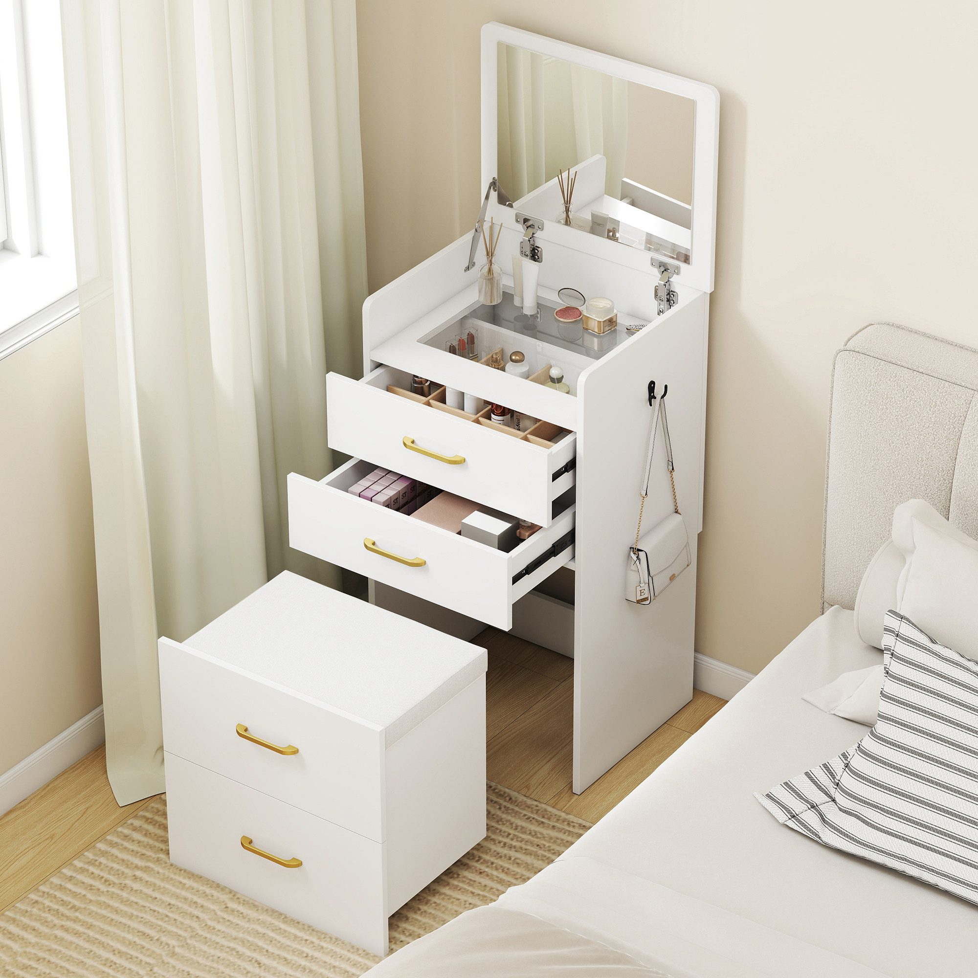 HOMCOM Schminktisch Kosmetiktisch mit Klappspiegel, Frisiertisch mit 3 Schubladen (Kosmetiktisch, 1-St., Frisiertisch), Frisierkommode für Schlafzimmer, Weiß