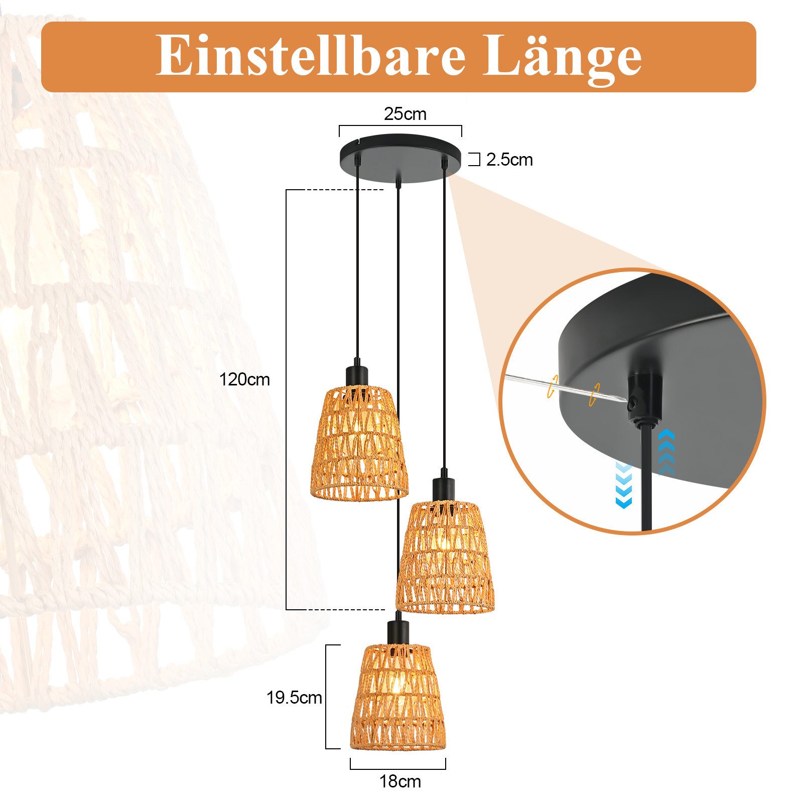 ZMH Pendelleuchte Hängelampe Boho Pendelleuchte Rattan 1/3 Flammig Vintage Geflochten, ohne Leuchtmittel