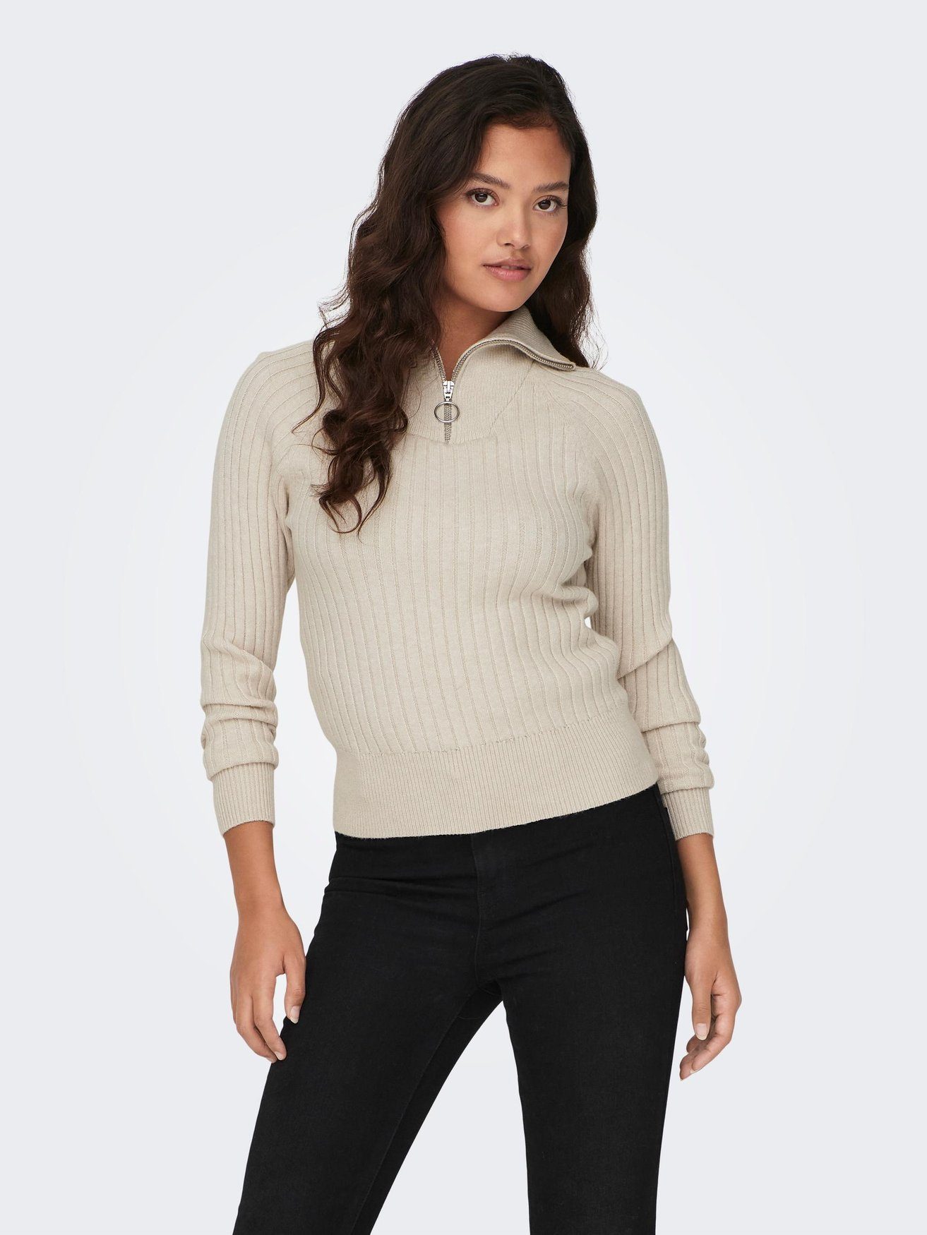 JACQUELINE de YONG Strickpullover Rippstrick Pullover Reißverschluss JDYMAGD 6395 in Beige