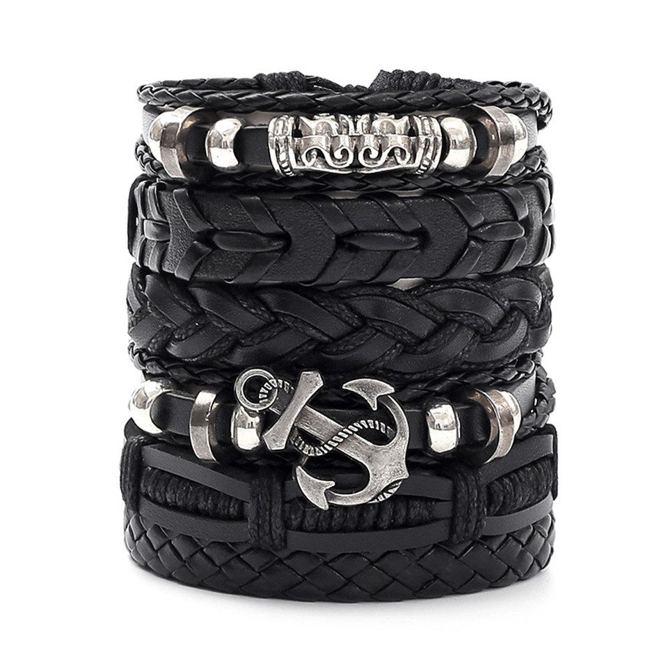 Zaewry Armband 4/6-teiliges Punk-Armband-Set für Herren, Schwarzes Lederarmband, Gothic geflochtener Armreif