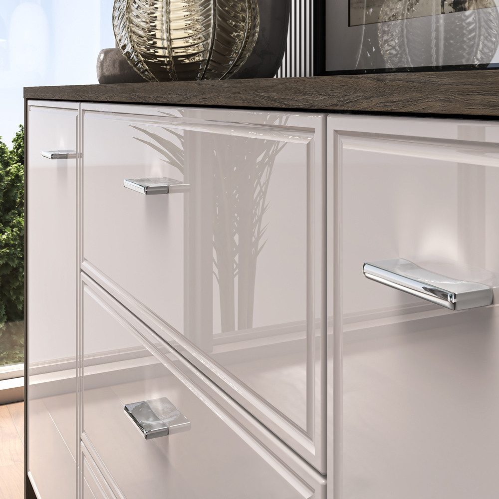 Lomadox Wohnwand ALESSANDRIA-131, (2-St., Sideboard Highboard), in Beige Hochglanz mit Eiche, inkl. LED Beleuchtung