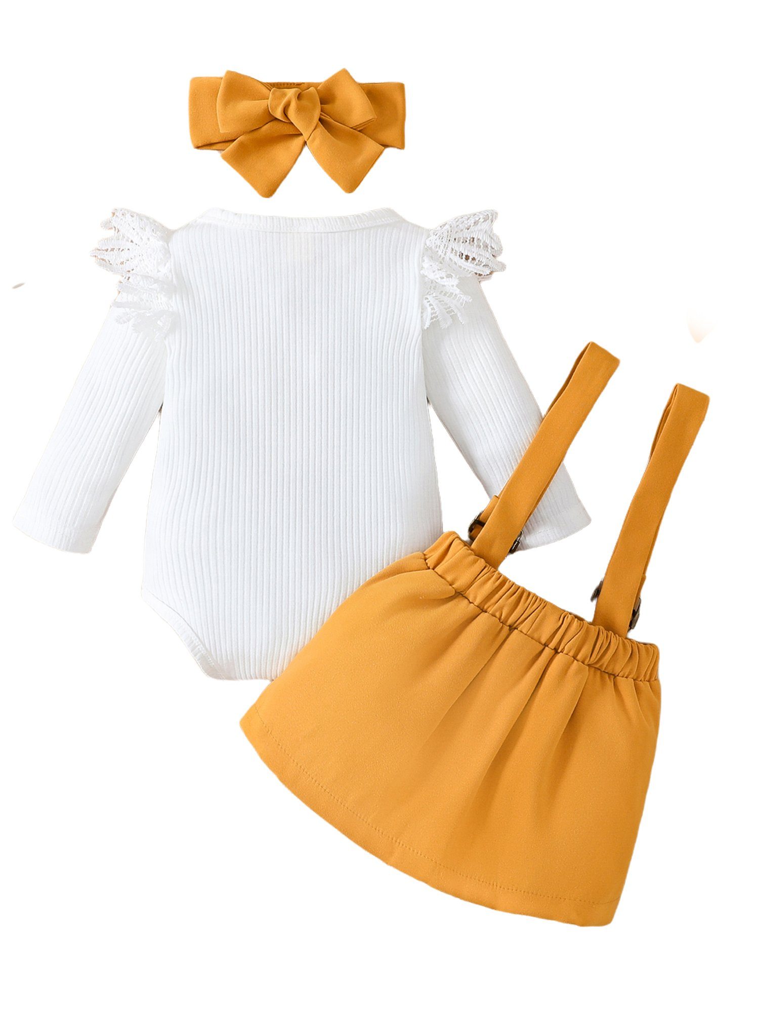 einfarbiges LAPA Kontrast Strampler Haarband Trägerrock (3-tlg) + für Spitzeneinsatz Haarband Shirt, Baby Party-Set & Rock Design, mit Mädchen +