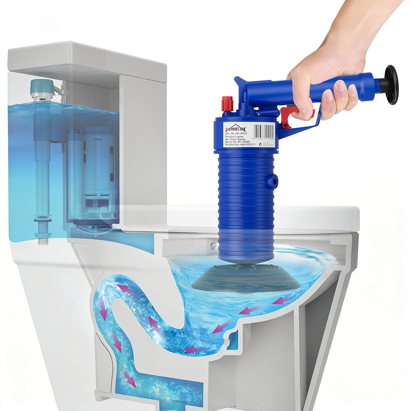 HOMELUX Reinigungs-Set Pressluft Rohrreiniger mit 4 Universal-Düsen, (Set, Einfache Bedienung), Reinigung mit Luftdruck