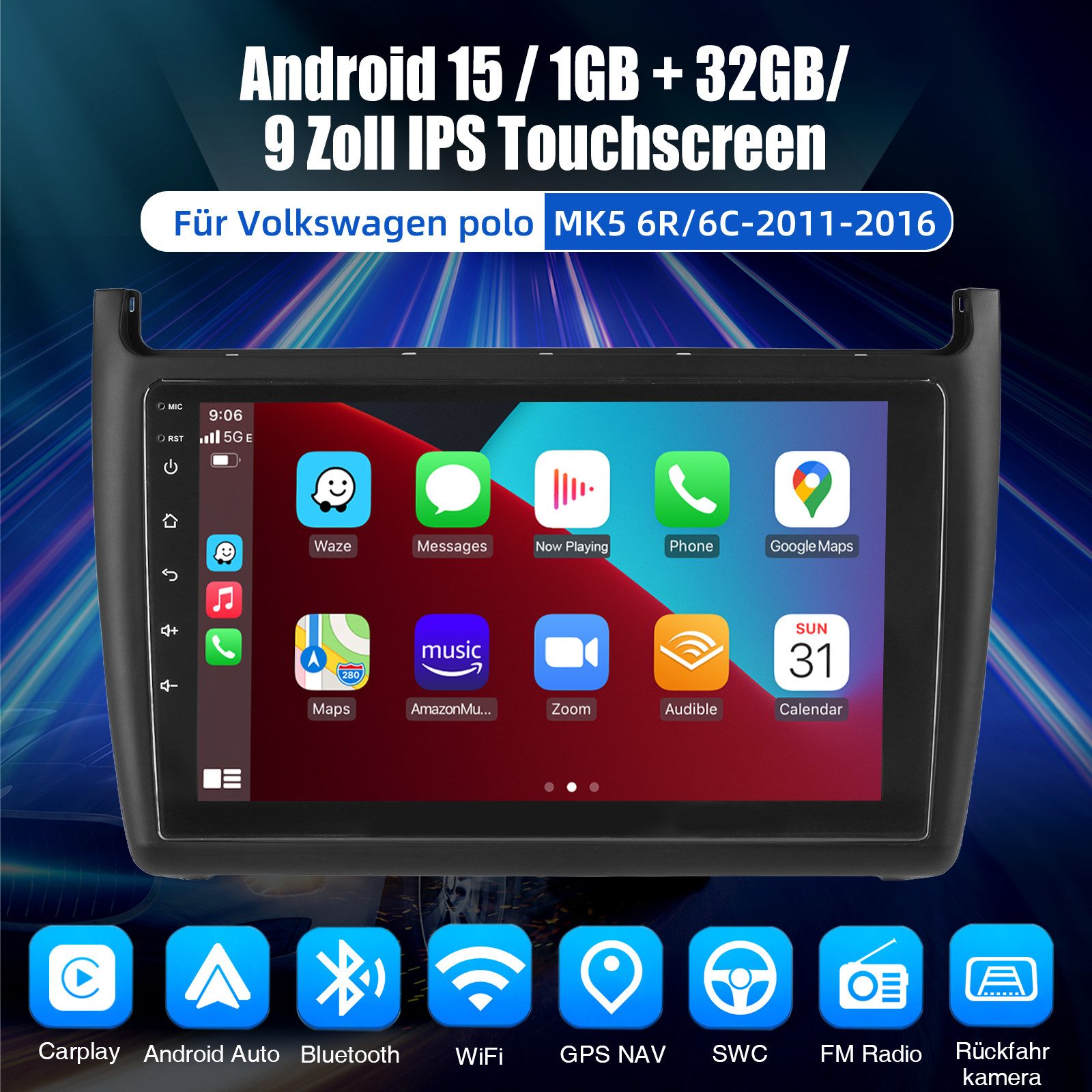ESSGOO Für VW Polo 5 2009-2017 Andriod 15 Autoradio Autoradio (RDS, Digitalradio (DAB), FM, AM, Apple Carplay Android Auto GPS Navi WIFI BT SWC EQ)