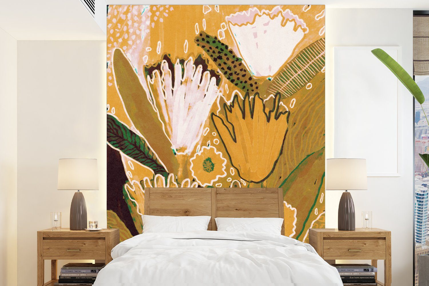 MuchoWow Fototapete Blumen - Gelb - Pflanzen, Matt, bedruckt, (4 St), Montagefertig Vinyl Tapete für Wohnzimmer, Wandtapete