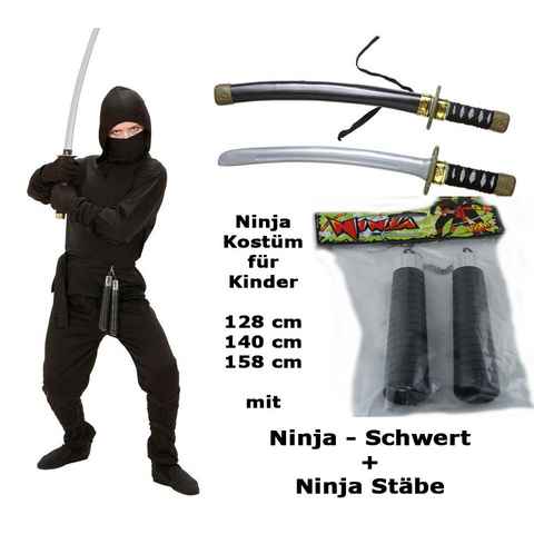 Scherzwelt Kostüm Kostüm Ninja mit Schwert + Stäbe - Ninja komplett 116 cm - 164 cm