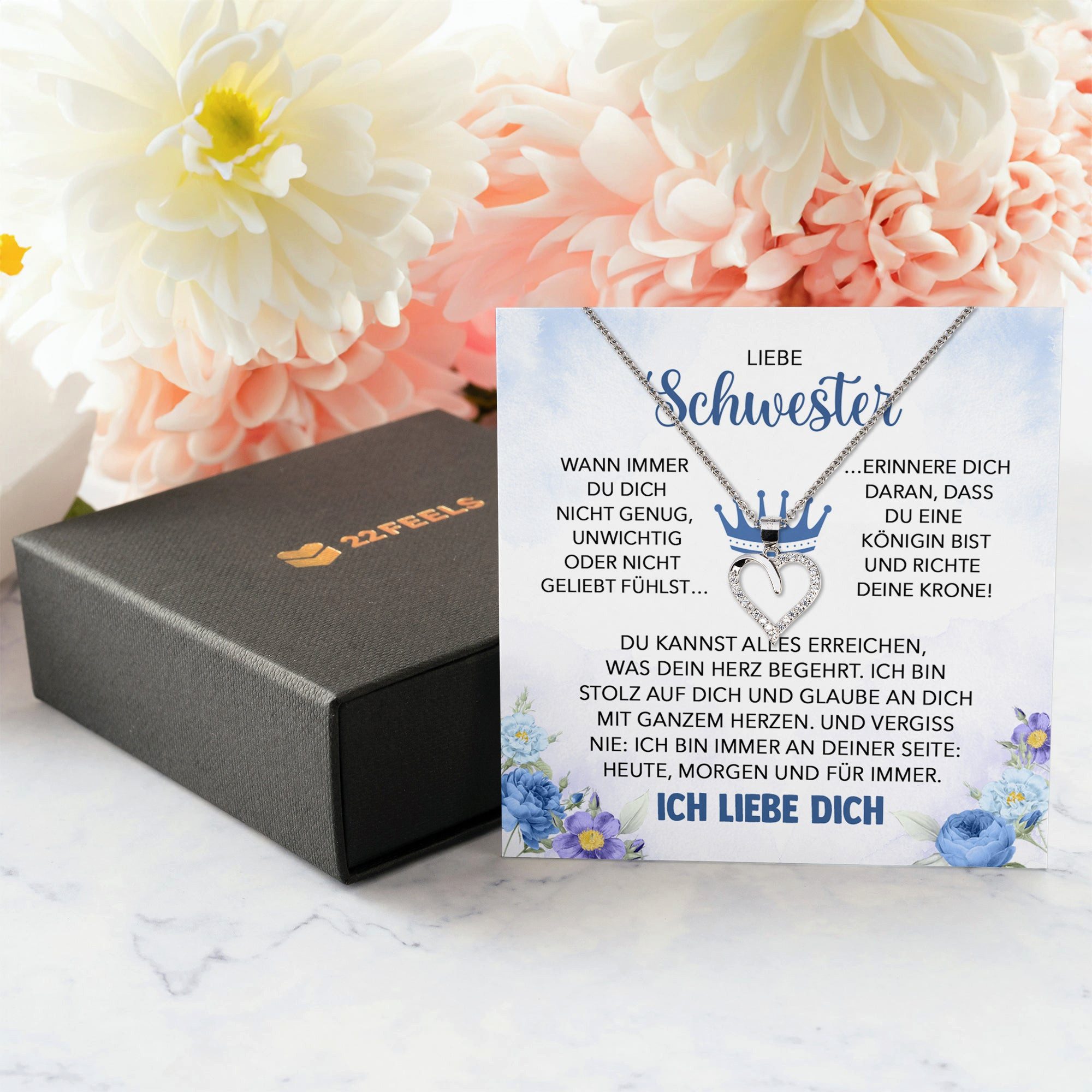 22Feels Schmuckset Liebe Schwester Geschenk Frauen Mädchen Herz Halskette Geschwister (inkl. Geschenktasche, Karte(n), Poliertuch, Beutel), Silber 925/000, Karte Made In Germany