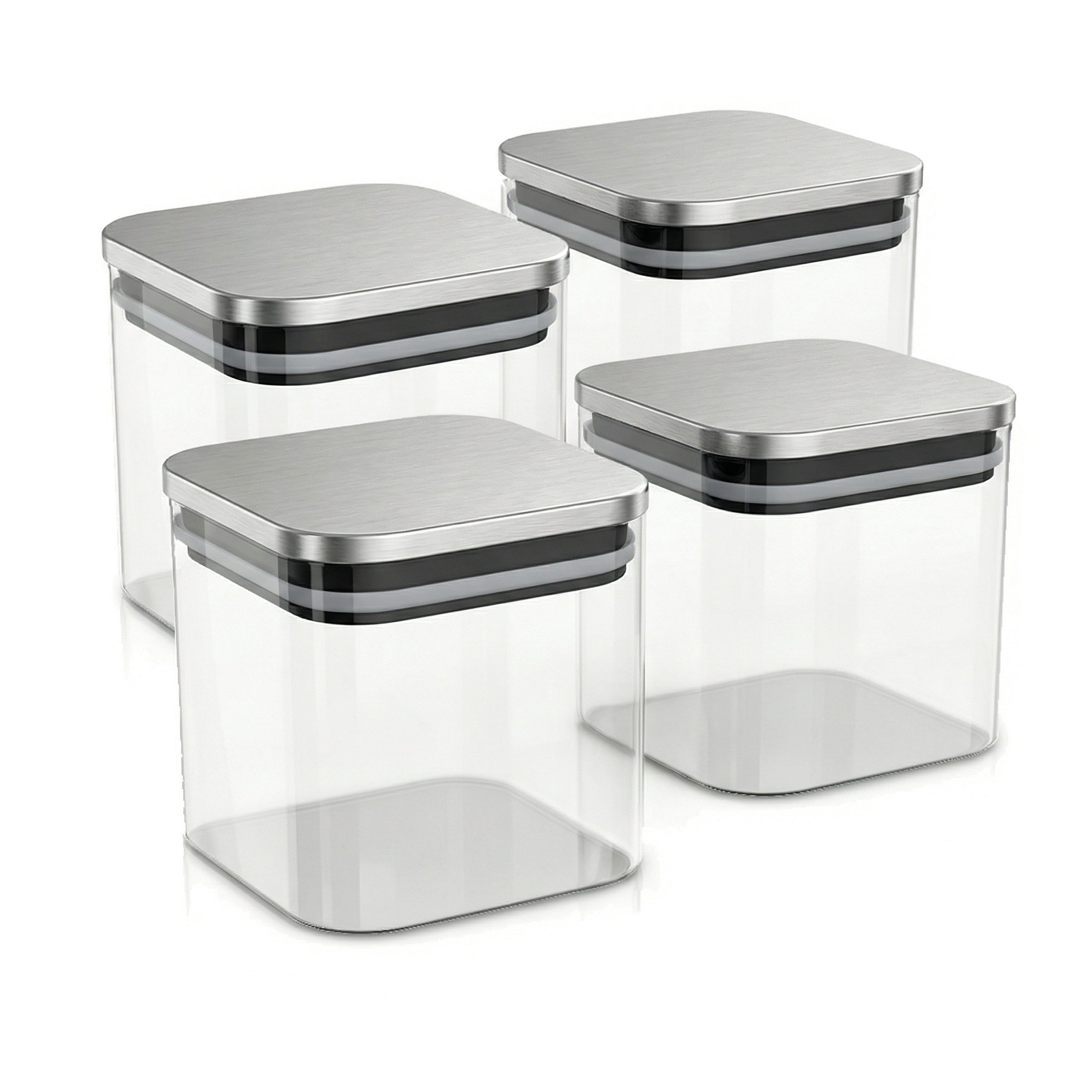 Arendo Aufbewahrungsbecher Glasbehälter-Set 4x 0,8L Borosilikatglas mit Edelstahldeckel, Borosilikatglas, Edelstahl, Silikon, (Vorratsbehälter-Set, 4-tlg., 4er Set), Hitzebeständig, umweltfreundlich, langlebig, mikrowellengeeignet
