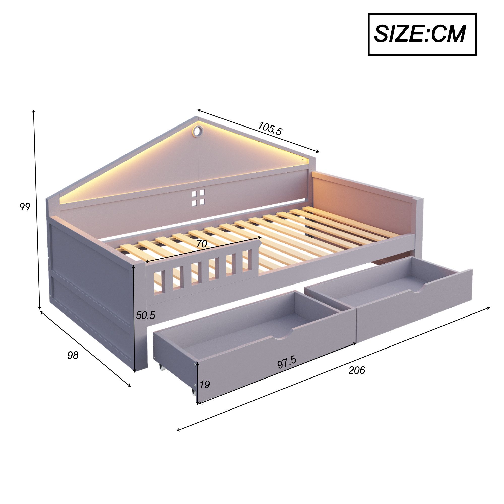 Merax Kinderbett 90×200cm mit LED-Lichtleiste (1-tlg), Jugendbett mit 2 Schubladen & Lattenrost, Kiefer Jugendbett Einzelbett – Bild 5 von 5