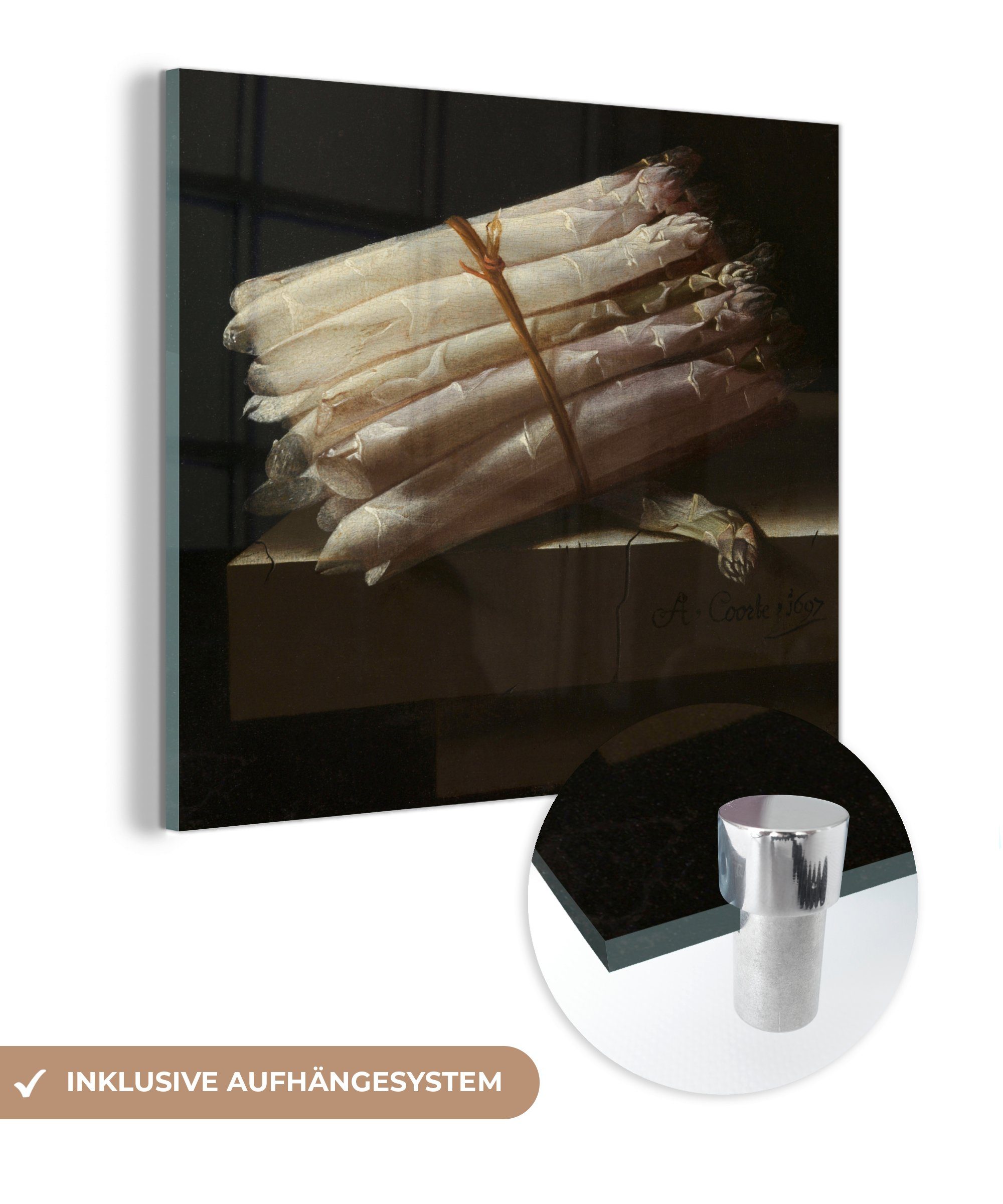 MuchoWow Acrylglasbild Stilleben mit Spargel - Gemälde von Adriaen Coorte im quadratischen, (1 St), Glasbilder - Bilder auf Glas Wandbild - Foto auf Glas - Wanddekoration