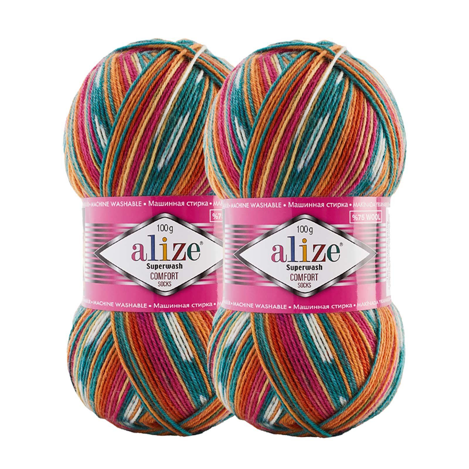 Alize 2 x 100g Sockenwolle Superwash Comfort Häkelwolle, 840 m (2-St), 7839 grün pink tera