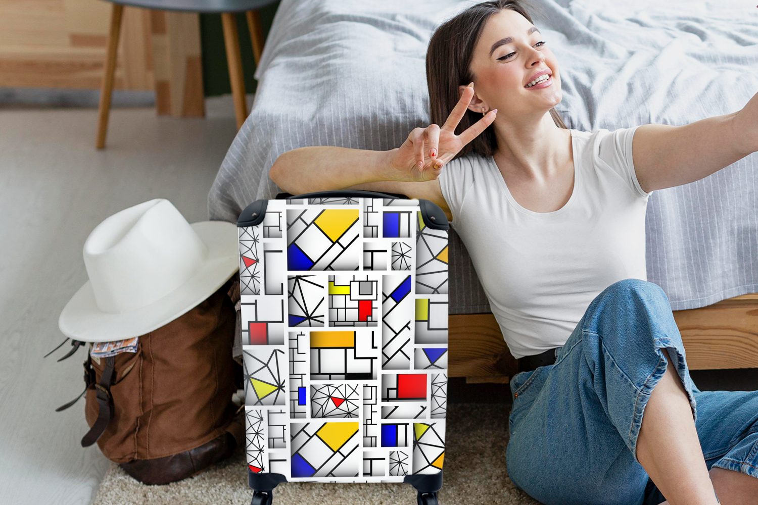 - - Reisetasche MuchoWow Reisekoffer Mondrian Handgepäckkoffer Trolley, Muster, rollen, mit für 4 Ferien, Handgepäck Rollen, Formen Gestaltung -