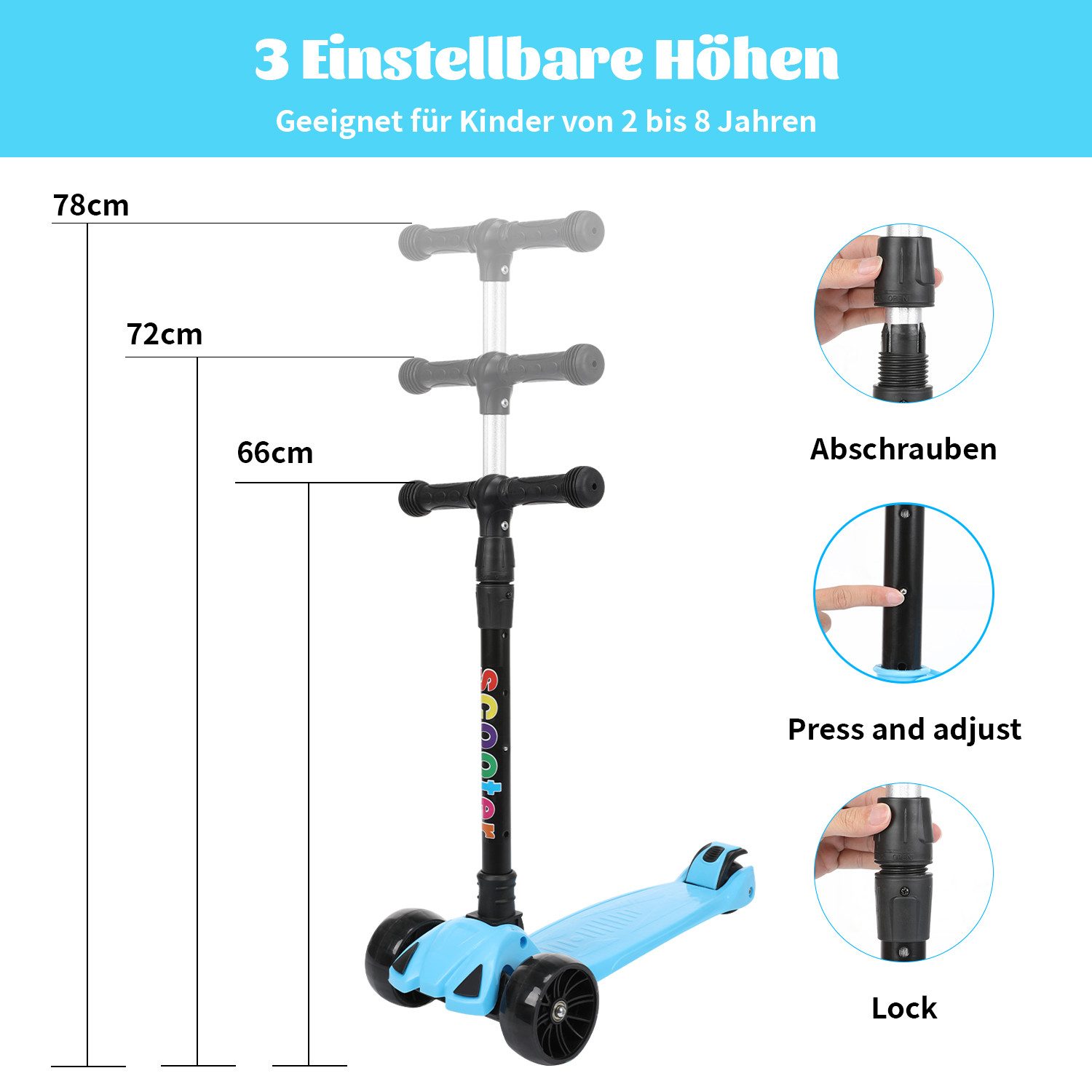 oyajia Cityroller Roller Kinder Scooter Dreiradscooter mit PU LED Räder Faltbar, (Kinderscooter mit PU LED Räder, 100kg belastbar), Kinderoller Dreiradscooter mit PU LED Räder Cityroller Tret-Roller