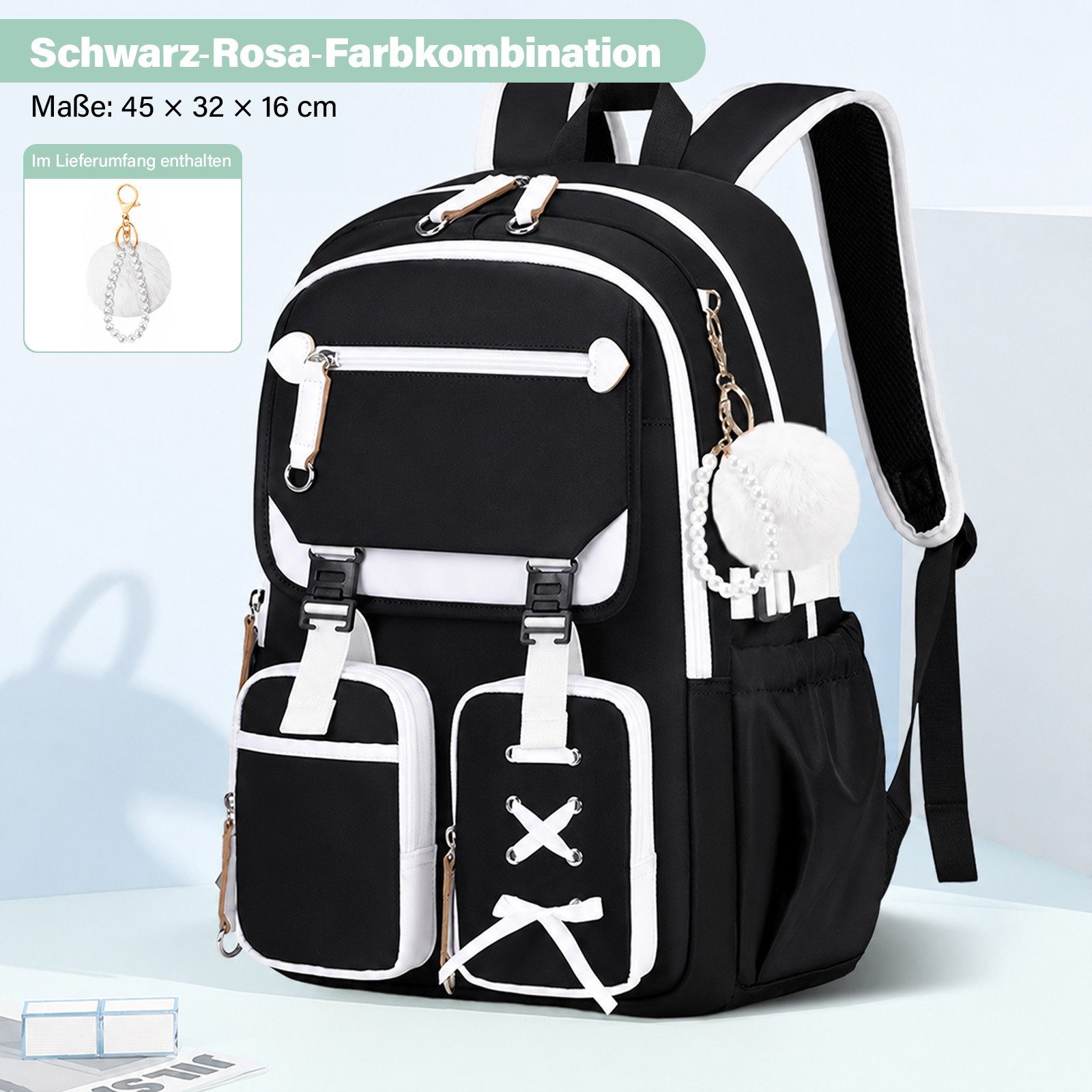MOPUEA Schulrucksack Schulrucksack Mädchen Teenager Daypack 3. bis 7. Klasse Schule (Schulrucksack-Set mit Lunchbox Federmäppchen für Mädchen Teenager, 3-tlg.,  – Bild 5 von 5