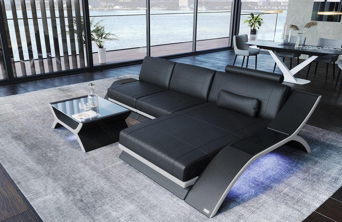 Sofa Dreams Ecksofa Sofa Leder Calabria L Form Ledersofa, Couch, mit LED Beleuchtung, USB Anschluss und Multifunktions-Console