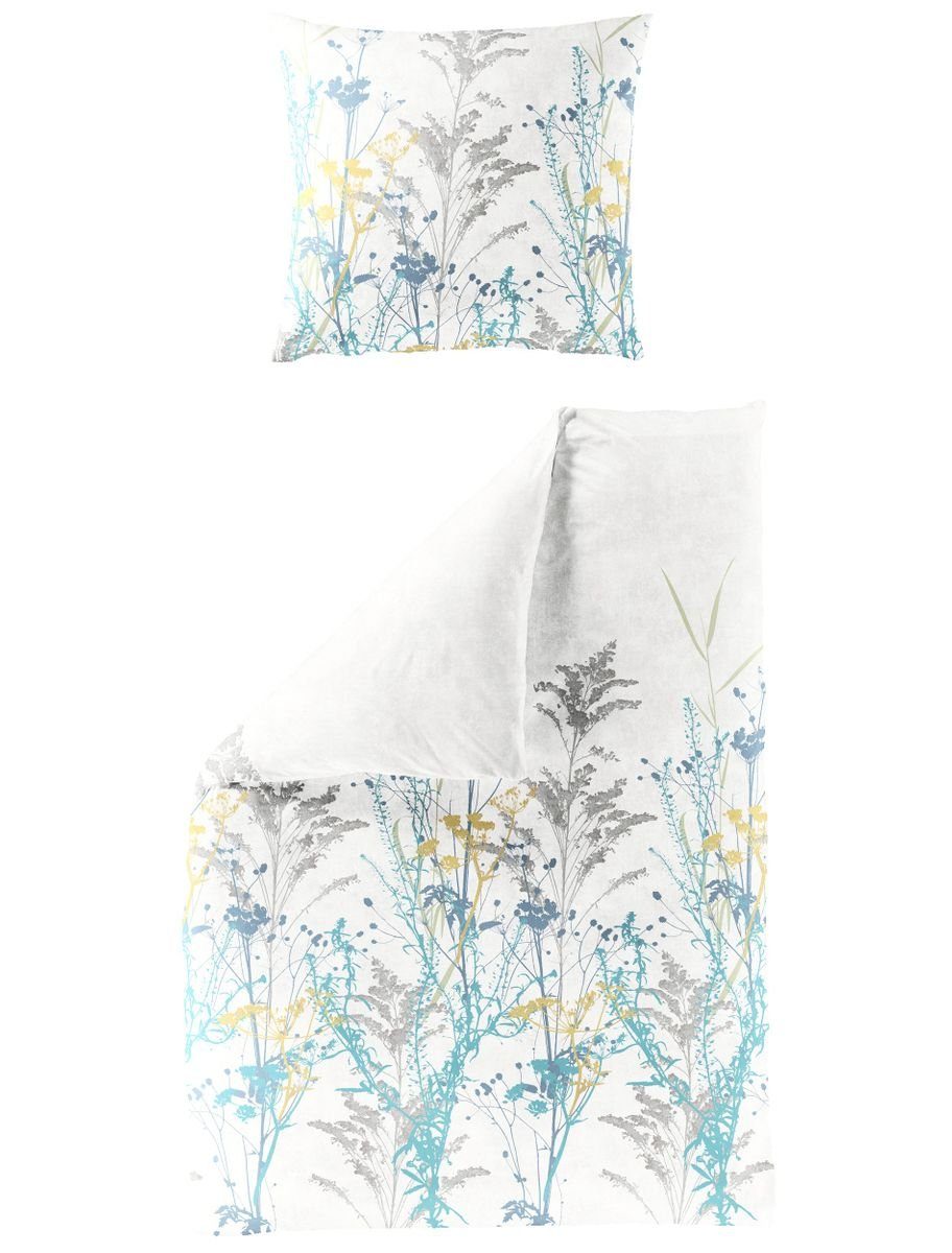 Bettwäsche 135x200cm, Blütentraum Türkis Weiß Bierbaum, JACK, Mako-Satin, 2 teilig, seidiger Glanz, elegantes Motiv