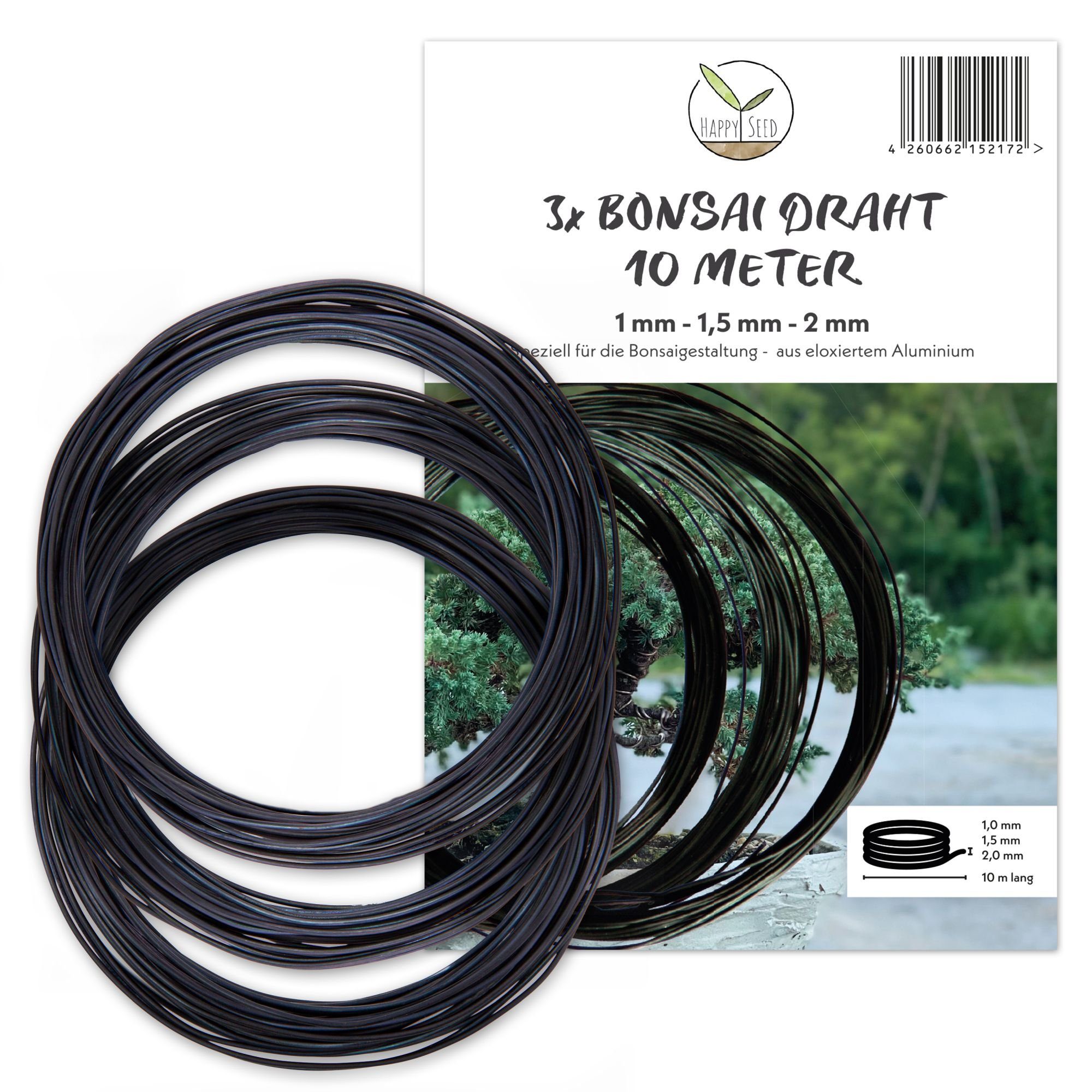 HappySeed Basteldraht 10m Bonsai Draht aus eloxiertem Aluminium, Schwarz – (3er Set)