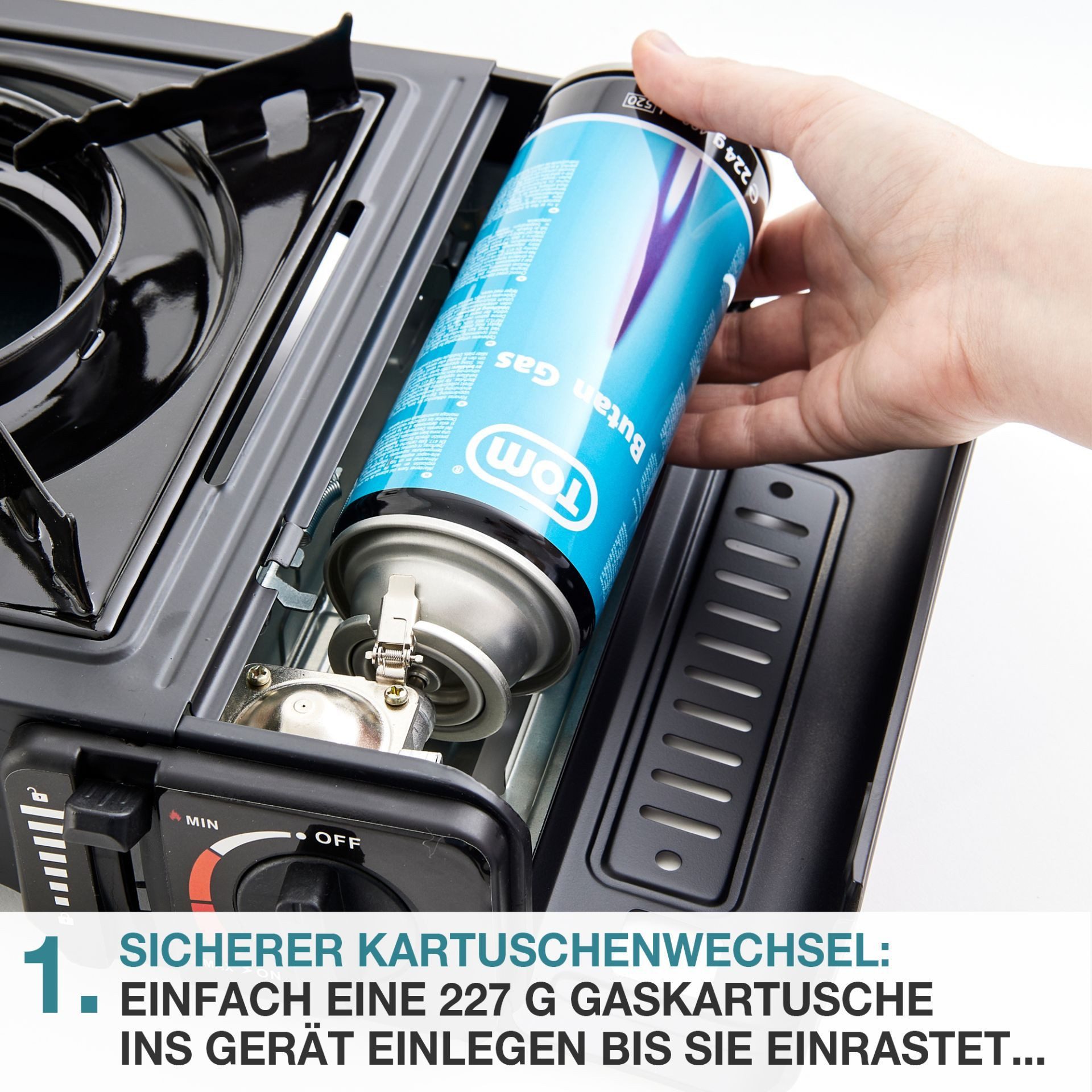 TOM Gaskocher Campingkocher Edelstahl mit 227g Gaskartuschen und Box 2,2kW, (1-St), Piezozündung, Stufenlos Regulierbar, verschiedene Sets