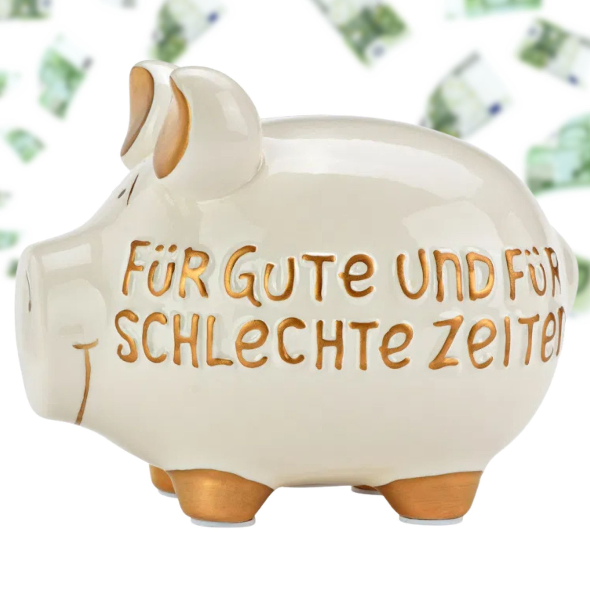 matches21 HOME & HOBBY Spardose Große Spardose Sparschwein GUTE ZEITEN weiß, gold 17 cm, Keramik Sparbüchse - Gummistopfen zum Öffnen