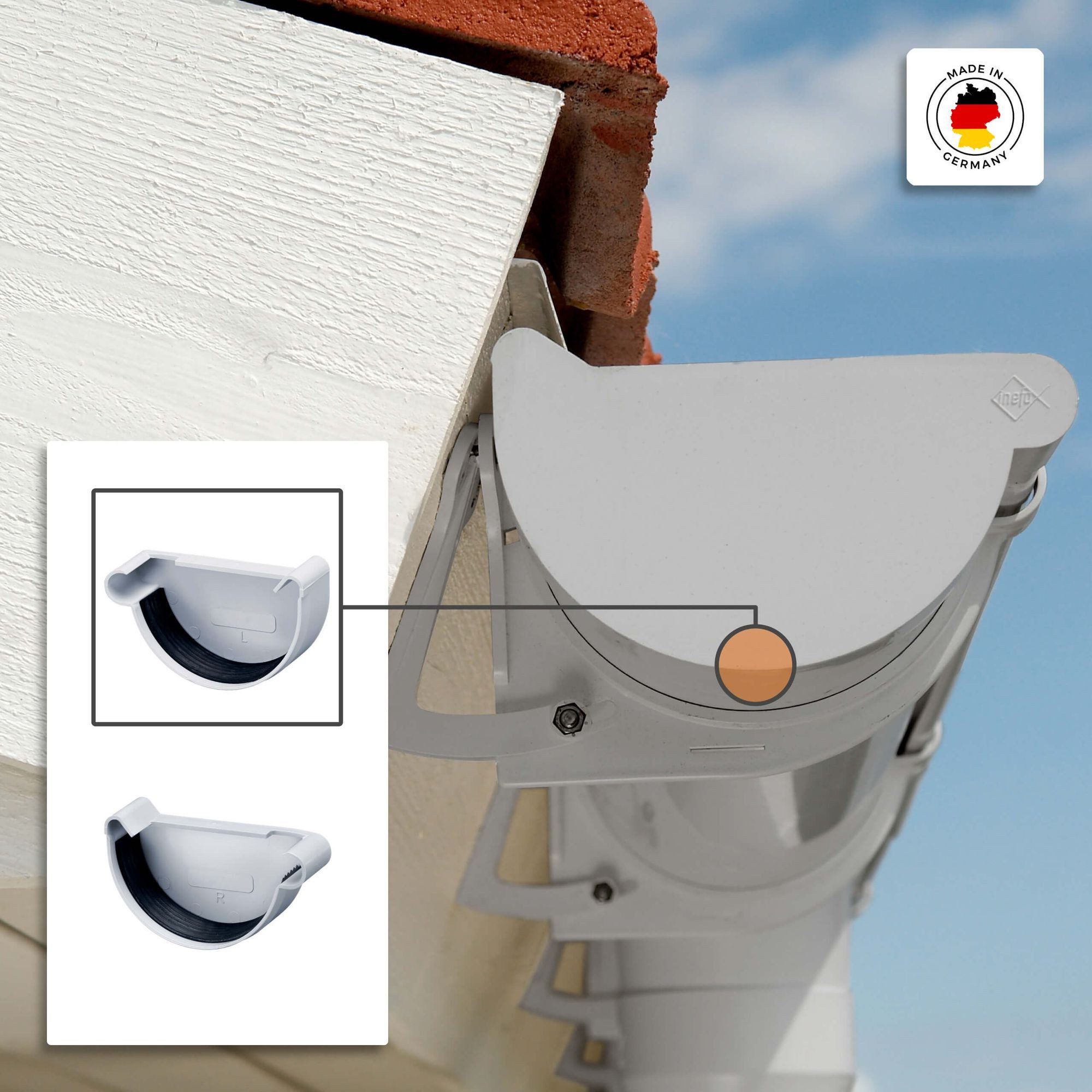 INEFA Dachrinne Rinnenendstück halbrund, NW 100. links, 1-St., Dachrinnen, Kunststoffrinne für Gartenhaus, Gewächshaus - Endstück