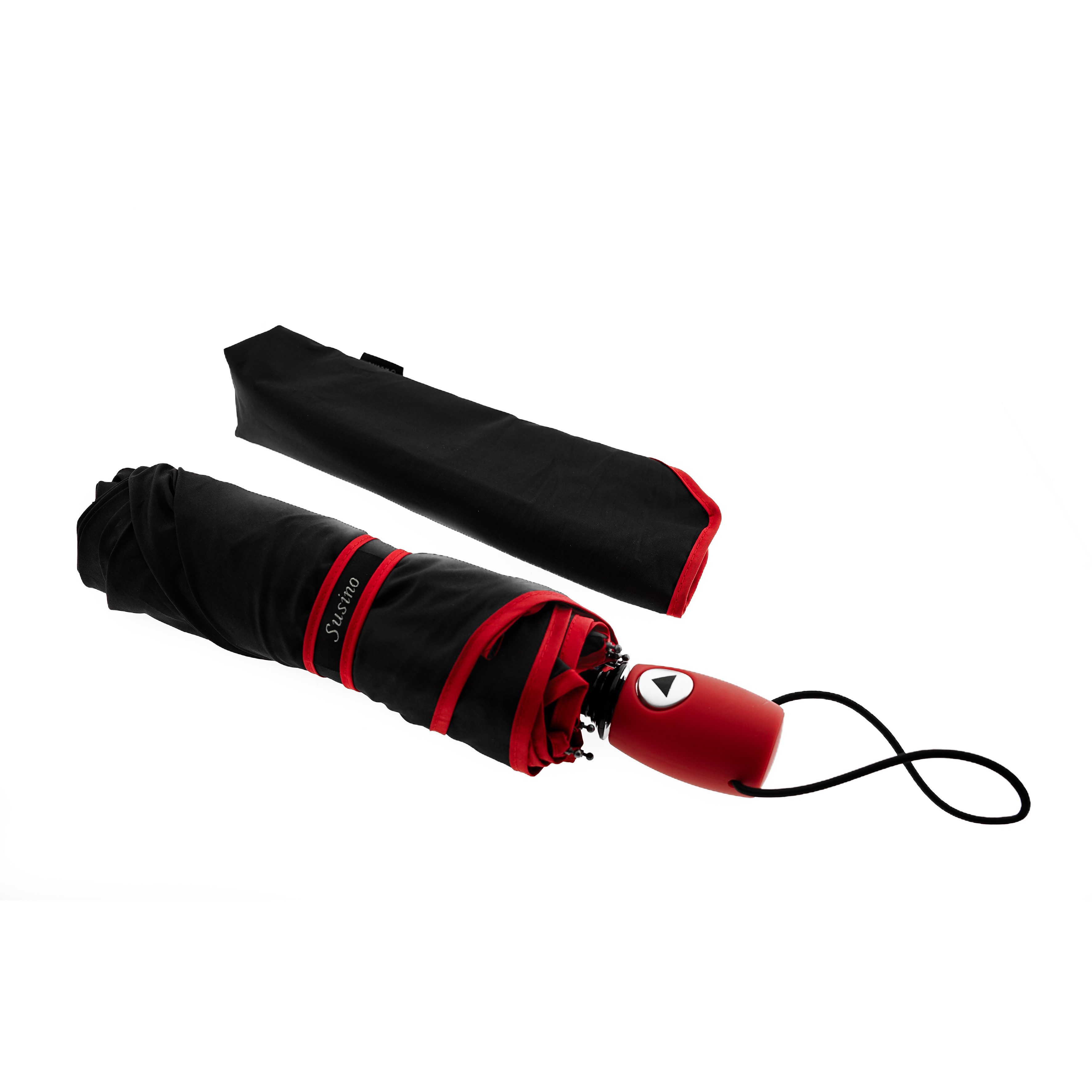 Susino Taschenregenschirm Taschenschirm mit Schutzhülle ergonomischer Gummigriff Farbumranndung