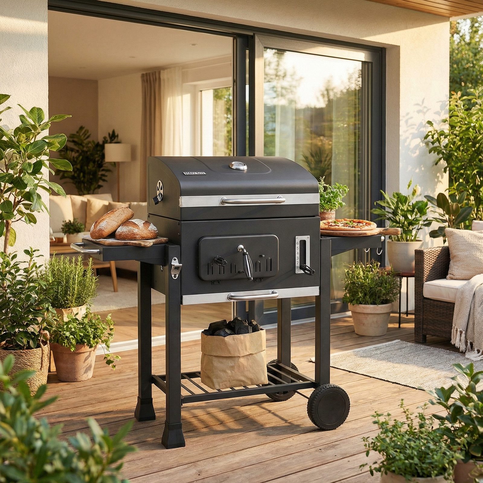 TLGREEN Holzkohlegrill XXL Grillwagen mit Deckel, Doppelflügel Kohlegrill mit Thermometer & 2 Rädern, 4 Lüftungsschlitzen Smoker BBQ Grill, für Garten Camping Terrasse