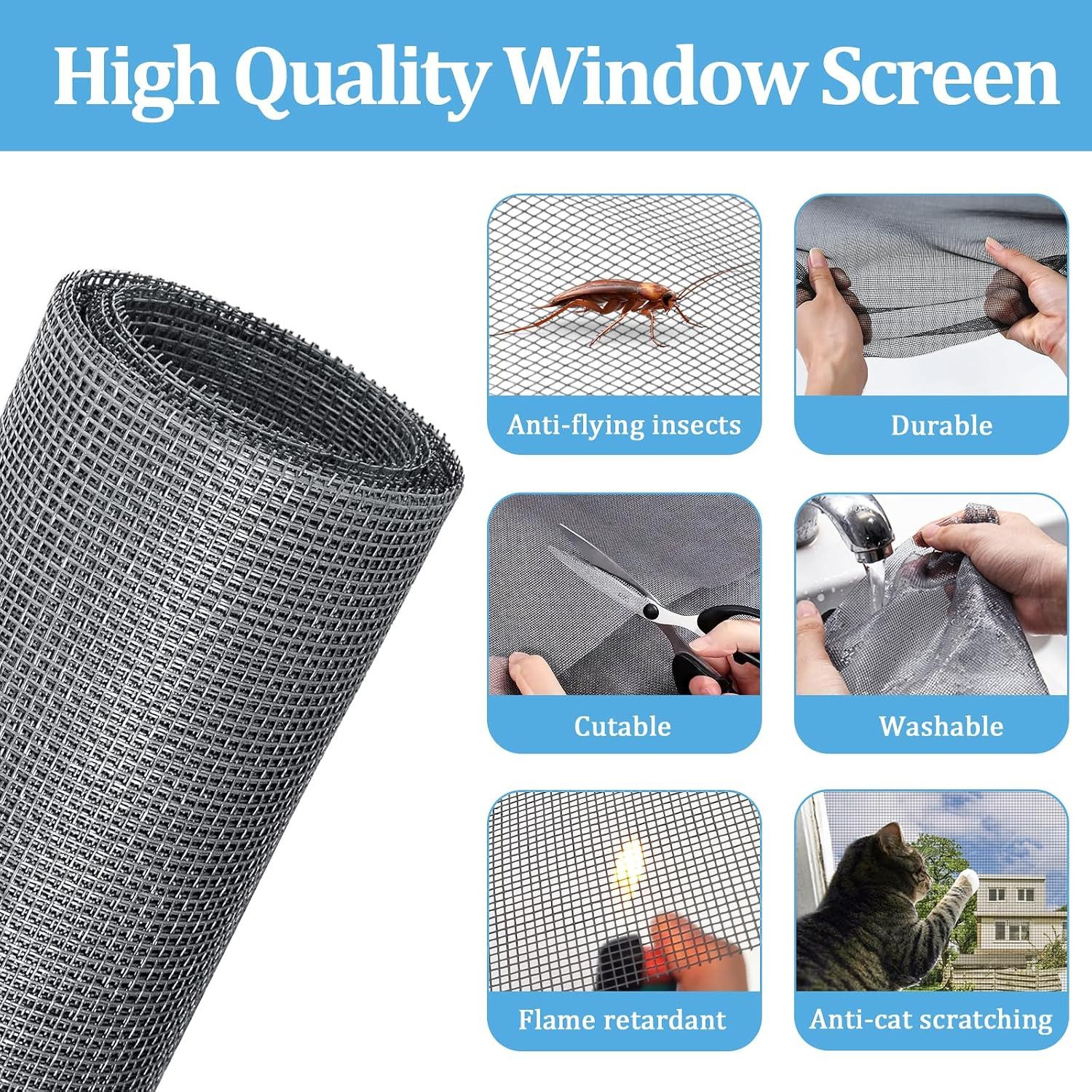 FELIXLEO Fliegengitter-Gewebe Fliegengitter Fenster 120x250cm Fiberglas Ohne Bohren Mit Klett, (1-St)