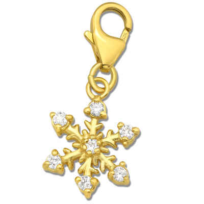 Limana Charm-Einhänger Schneeflocke echt 925 Sterling Silber Gold Anhänger, Stern mit Karabiner für Armband Kette Bettelarmband